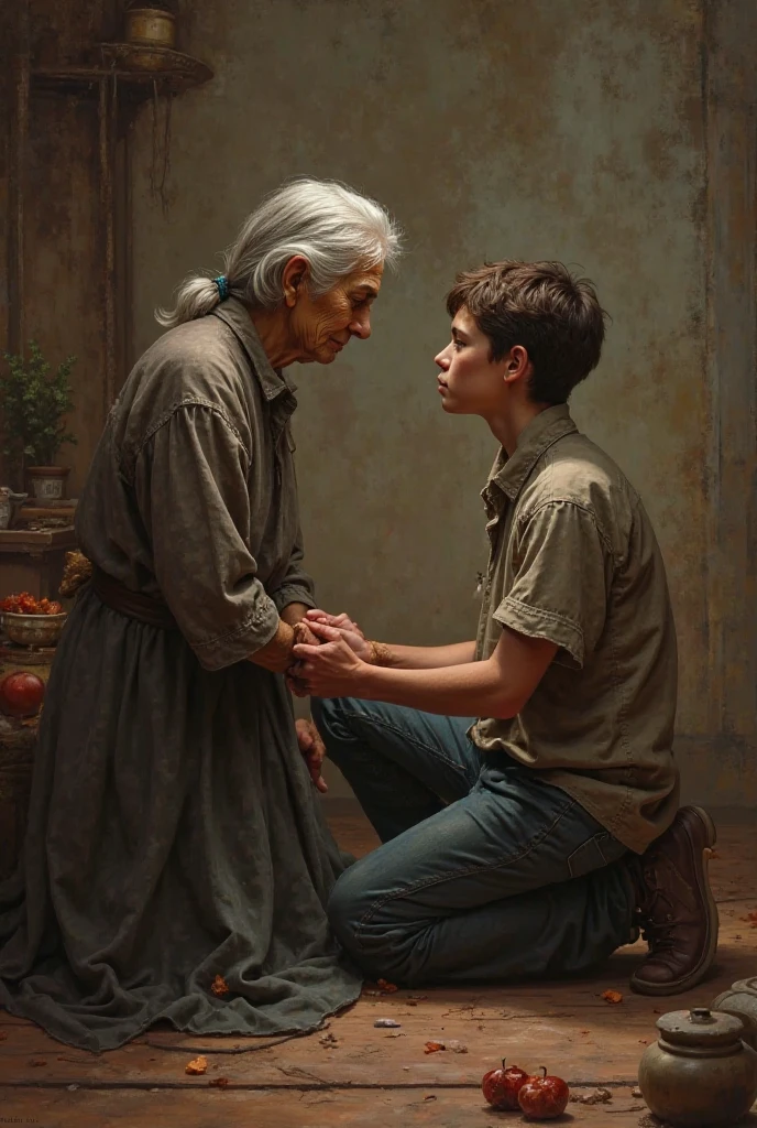 the boy crying in old mother lap