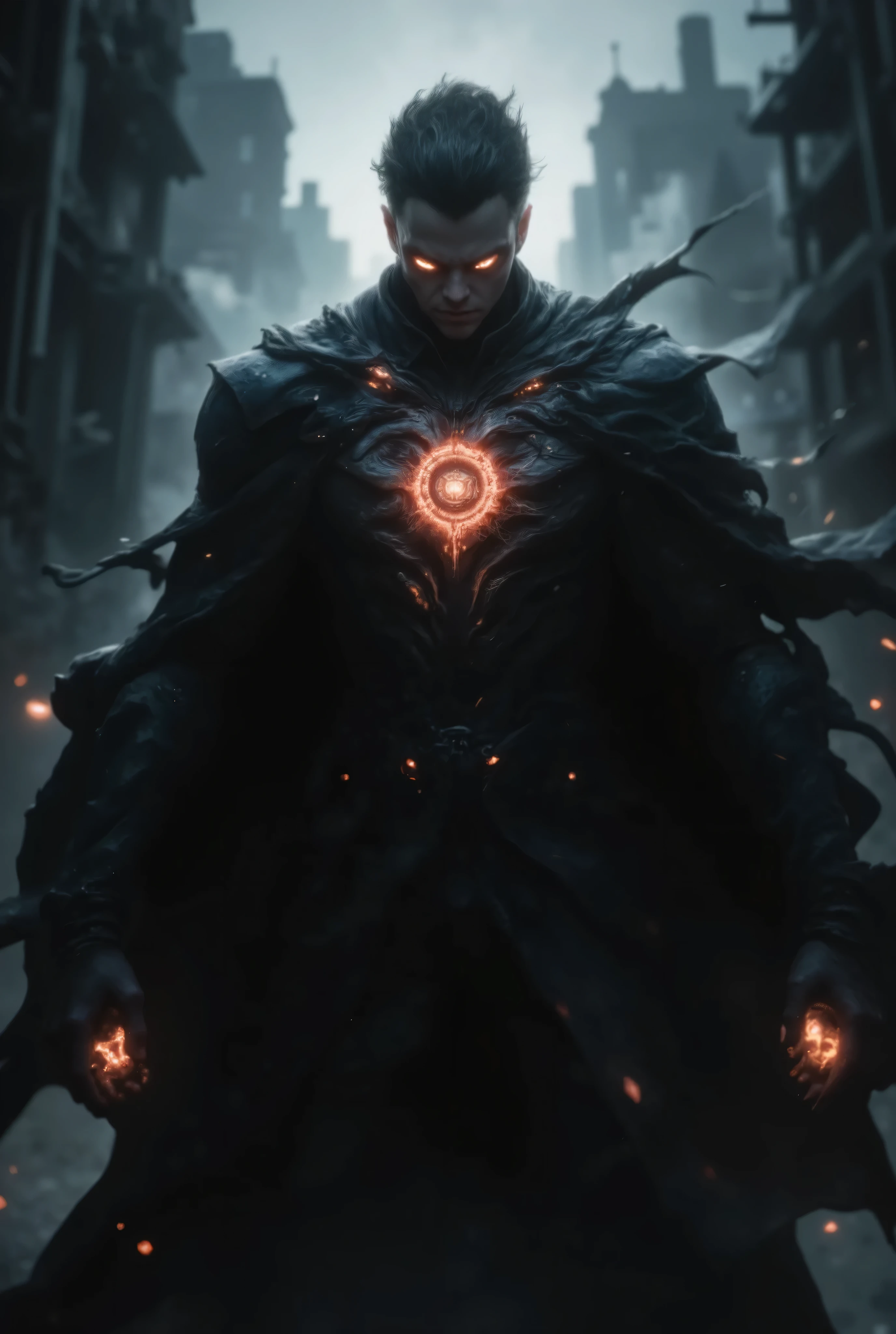 Illustrate a dark and gritty superhero standing in a black trench coat, with a cityscape in ruins behind them and a glowing red eye symbol on their chest.