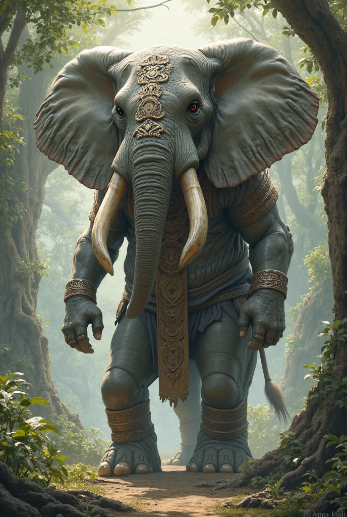 Anthropomorphic jungle queen elephant dressed in natural wild outfit，Step onto the catwalk with confidence and domineering steps。Long nose raised high，As if declaring its territory and power。The eyes of the jungle queen elephant reveal wild light and wisdom，Matches your outfit，Showing a primitive and powerful charm。 clothing： Wild leather、Feather or animal skin texture fabrics，设计成紧身或流线型的clothing。clothing上可加入金属饰品、Elements such as tassels or feathers，Add a bit of wildness and unruliness。at the same time，clothing的颜色以大地色系为主，Such as brown、Green or gold etc，Blending with the jungle background。 Shoes and stockings： Specially made anthropomorphic &quot;jungle boots&quot;，Made of durable materials such as leather or rubber，Protecting the hooves of an anthropomorphic elephant。则选用与鞋子或clothing相呼应的颜色和材质，Such as dark colors or natural textures，Showing the wild beauty of the anthropomorphic jungle queen elephant。 Accessories： Animal bone necklace、Feather headdress、手链以及手持的权杖或狩猎工具等Accessories，Adds a bit of jungle queen&#39;s domineering and wildness to the overall shape。 Enhanced image quality： Original and rough picture quality，Showing the mystery and wildness of the jungle；High resolution brings out the beauty of details，Make the dress-up of the jungle queen elephant more realistic；Wallpaper-level visual effects，It makes people feel like they are in a vast jungle.；Strong realism，Let people feel the power and confidence of the anthropomorphic jungle queen elephant。