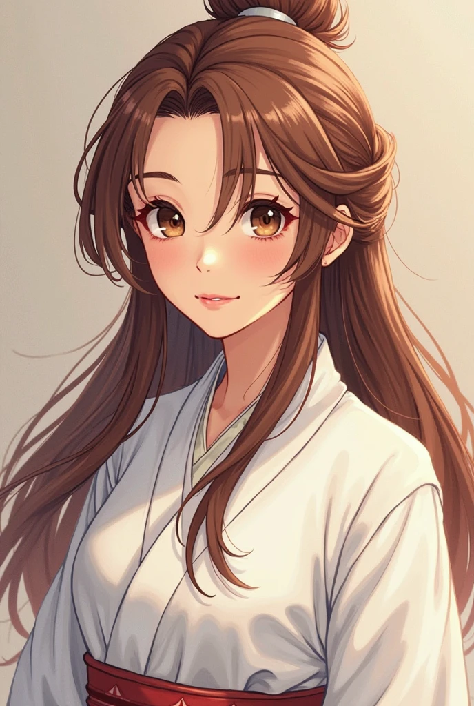 「(8k wallpaper:1.5)、(high-level image quality:1.3)、(animesque, illustratio:1.5)、(girl with、good-looking:1.8)、(beatiful detailed eyes:1.3)、(A slight smil:1.1)、(Hakama:1.5)、(dojo:1.3)、(sepia, gradients:1.5)」