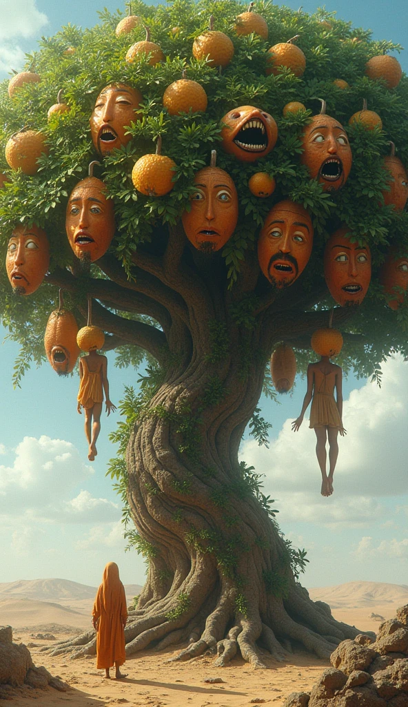 a tree, penis fruits, people below with their mouths open, staring overhead.
