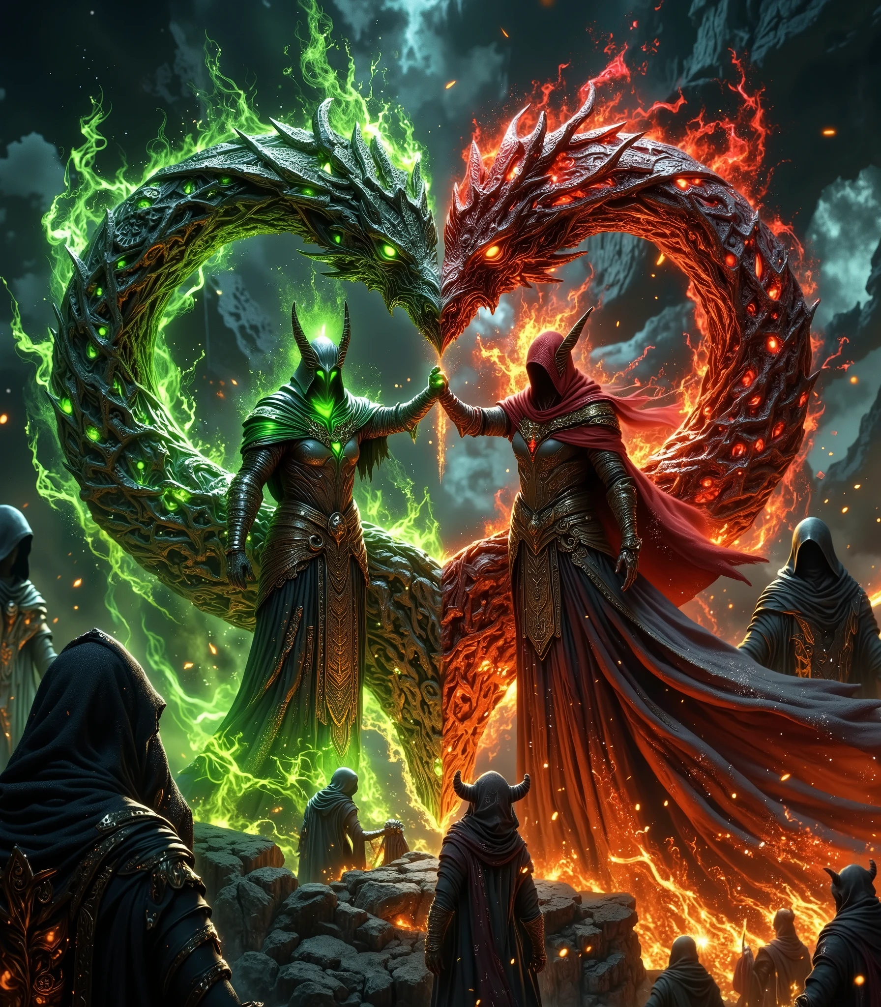 **"Two magical alliances intertwined in the air, representing the union between two ancient brotherhoods. One ring shines in an intense green, with luminescent runes pulsating as if alive with living symbols that glow like embers, with luminescent runes pulsating as if alive. The other shines in a fiery red, with carved symbols that shine like blood, Representing a Clã de Guerreiros de Bruxos com Poder Místico. Green and red flames dance around the rings, intertwining and shocking, creating sparks of pure magical energy. In the background, Green and red flames dance around the rings, Here is a detailed prompt with the intertwined alliances, your eyes shining with power and mystery. The sky above oscillates between shadows and light, symbolizing a clan linked to nature and ancient magic."**