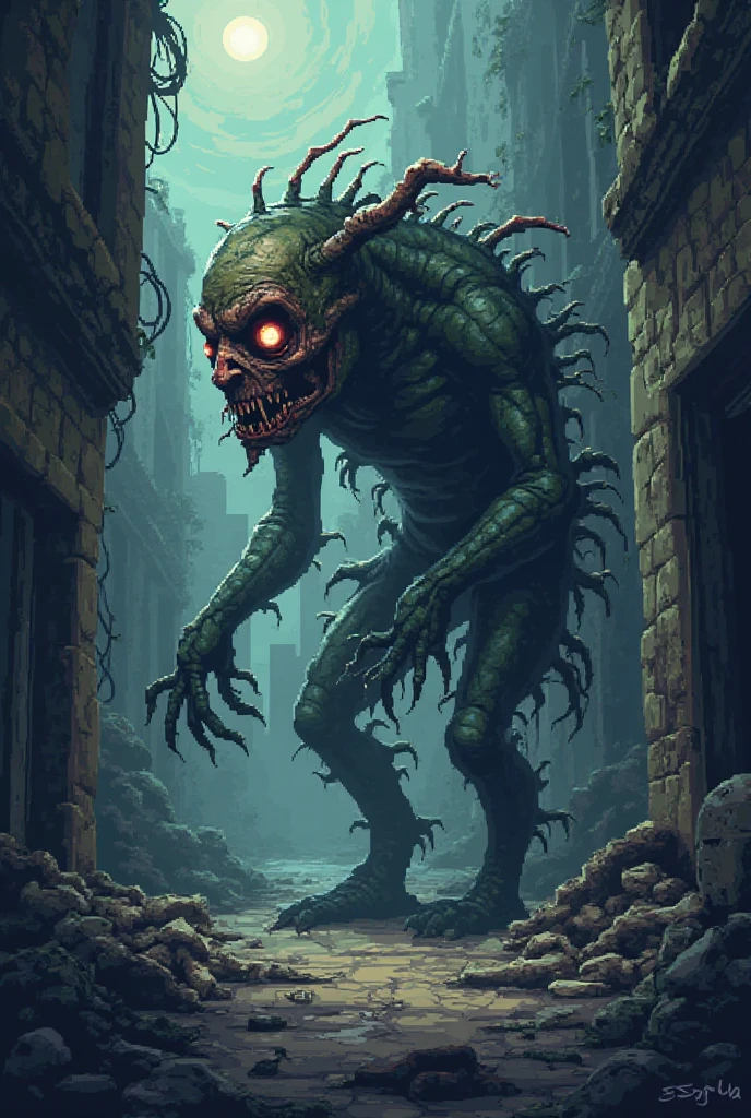 "Terrifying horror art of a full-bodied werewolf with sharp teeth, set in a dark ambient abandoned building. Standing in horrifying pose, nightmare fuel"