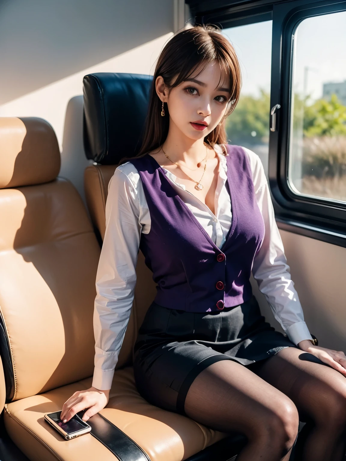 face :9,1714884241], high-class elite secretary wearing a business shirt, Working in an office chair, ( sitting in a train seat wearing pantyhose)、Crossed legs, necklaces,  Wear Premium High Heels 、 ( stockings and skirt、Big Breasts), earrings,  shirt with her belly button out on the train,   businesswoman,  Can See Your Chest ,  physical based rendering ,,  business wear, ((Sexy open mouth expression)),RAW photo, (8k、highest quality、masterpiece:1.2)、( Delicate Details :1.4)、(Photorealistic:1.4)、octane rendering、complicated 3d rendering, Super Detailed,  Soft Light in Studio ( Soft Light in Studio) ( Soft Light in Studio ( Soft Light in Studio)),  rimlight,  vivid details , Super Detail, realistic skin texture, 【faceの詳細, Beautiful Detailed Eyes,  Highly Detailed CG Unity 16K Wallpaper, Compensate -, ( detailed biography:1.2),   exposed thighs  !!!,