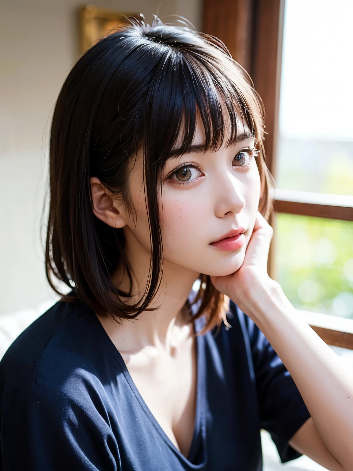 (8K、top-quality、​masterpiece:1.2)、(reallistic、Photorealsitic:1.2)（ultra-detailliert、hight resolution）(Slouched:1.3)、crouching down、(From  above:1.2)、(a closeup:1.4)Open your legs、（Sit with your knees upright:1.4）down sweater、Smirk,Alafed Girl, chiho, iwakura lain, closeup Iwakura Lain, With short hair, Shiori Teshirogi, Kotegawa Yui, hime-cut, She is 30 years old, sui ishida with black hair, lain iwakura, Beautiful woman - well-groomed face, Clear pubic contours,(Small breasts), hight resolution, ighly detailed, top-quality, [​masterpiece:1.6],, ighly detailed, nffsw, finely detail, top-quality, , Cinematographic lighting, 1womanl、Cute Japan Woman、perfect body type、, cute droopy eyes beautiful big eyes、Transcendent beauty　top-quality、​masterpiece、majicMIX Real、(Raw photography:1.2)、(Photorealsitic:1.4)、Room at home、Kotatsu、Eating tangerines、Shot from above　Negative Prompt