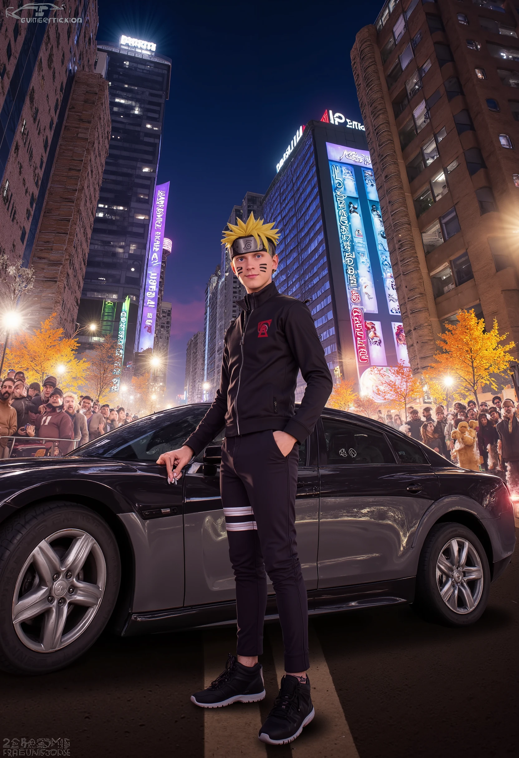 Naruto Uzumaki in its modern version, wearing a pilot suit, next to his stylized racing car, amidst a crowd of excited people waiting for the start of a night street race. The scene takes place under vibrant neon lights, with the brightness of the city in the background, in the style of Fast and Furious. Naruto, with her iconic look , has a confident smile and the crowd is in an atmosphere of expectation, with modified cars around. The environment has an urban and dynamic touch, with an atmosphere of adrenaline and speed."