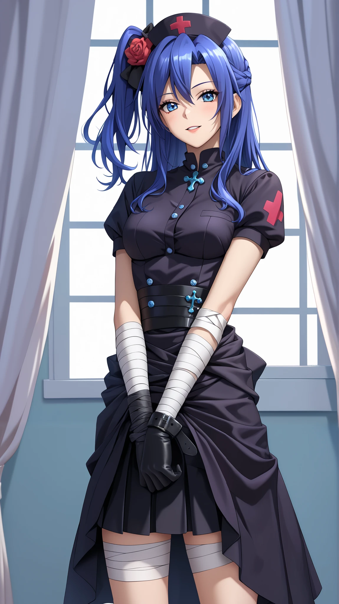 1 girl、kazanari_tsubasa, black gothic lolita nurse style with many bandaged on limbs,elegant luster of black silk, made of black silk nurse costume, uniform black costume,(dressing roll-bandages around limb:1.2),black nurse cap with cross(symbol) print on head,black silk one-piece dress with lapeled collar, bold V-neck, short sleeves, double-breasted on front of costume,wrap black belt around waist of dress, one-piece design, matching color black wrap skirt, wide A-line,black medical gloves,black choker with cross accessories, black lace embroidered scalloped trim on skirt-hem,
black platform boots,BREAK white cross(symbol) print on nurse cap, (dressing roll-bandages around arms, dressing roll-bandages around legs, bandage wrapped around rough, limbs wrapped in bandages), white buttons,