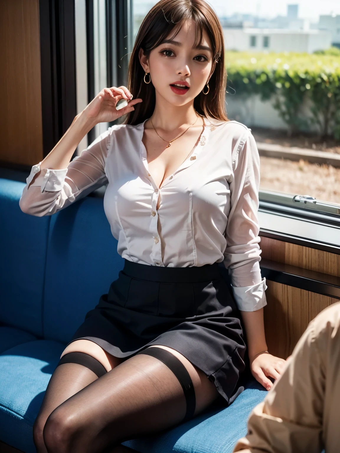 face :9,1714884241], high-class elite secretary wearing a business shirt, Working in an office chair, ( sitting in a train seat wearing pantyhose)、Crossed legs, necklaces,  Wear Premium High Heels 、 ( stockings and skirt、Big Breasts), earrings,  shirt with her belly button out on the train,   businesswoman,  Can See Your Chest ,  physical based rendering ,,  business wear, ((Sexy open mouth expression)),RAW photo, (8k、highest quality、masterpiece:1.2)、( Delicate Details :1.4)、(Photorealistic:1.4)、octane rendering、complicated 3d rendering, Super Detailed,  Soft Light in Studio ( Soft Light in Studio) ( Soft Light in Studio ( Soft Light in Studio)),  rimlight,  vivid details , Super Detail, realistic skin texture, 【faceの詳細, Beautiful Detailed Eyes,  Highly Detailed CG Unity 16K Wallpaper, Compensate -, ( detailed biography:1.2),   exposed thighs  !!!,