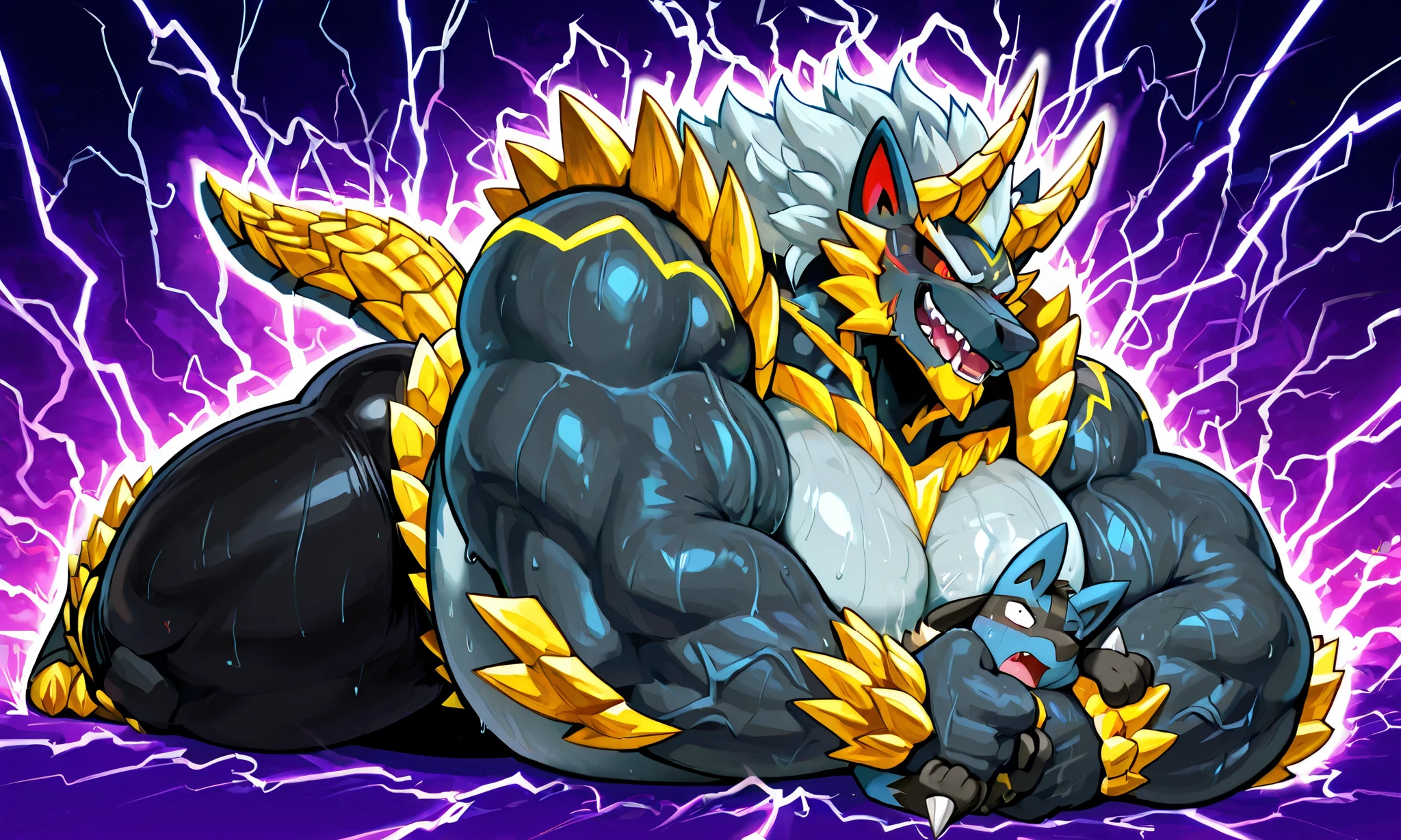 giant black zinogre, small feral lucario, wresling, submission hold, [black zinogre:lying on belly, carrying person, head lock from side, arm around head, heavy weight bulky fat, giant plump muscular body, thick arms, big pectoral muscles, venis popping, evil grin, looking each other, wearing black spandex, electric body, sweaty], [lucario:small build, head between arms and pecs, pain, closing eyes, open mouth],size difference, motion blur, motion line, evil thunder background, lightning thunder trails