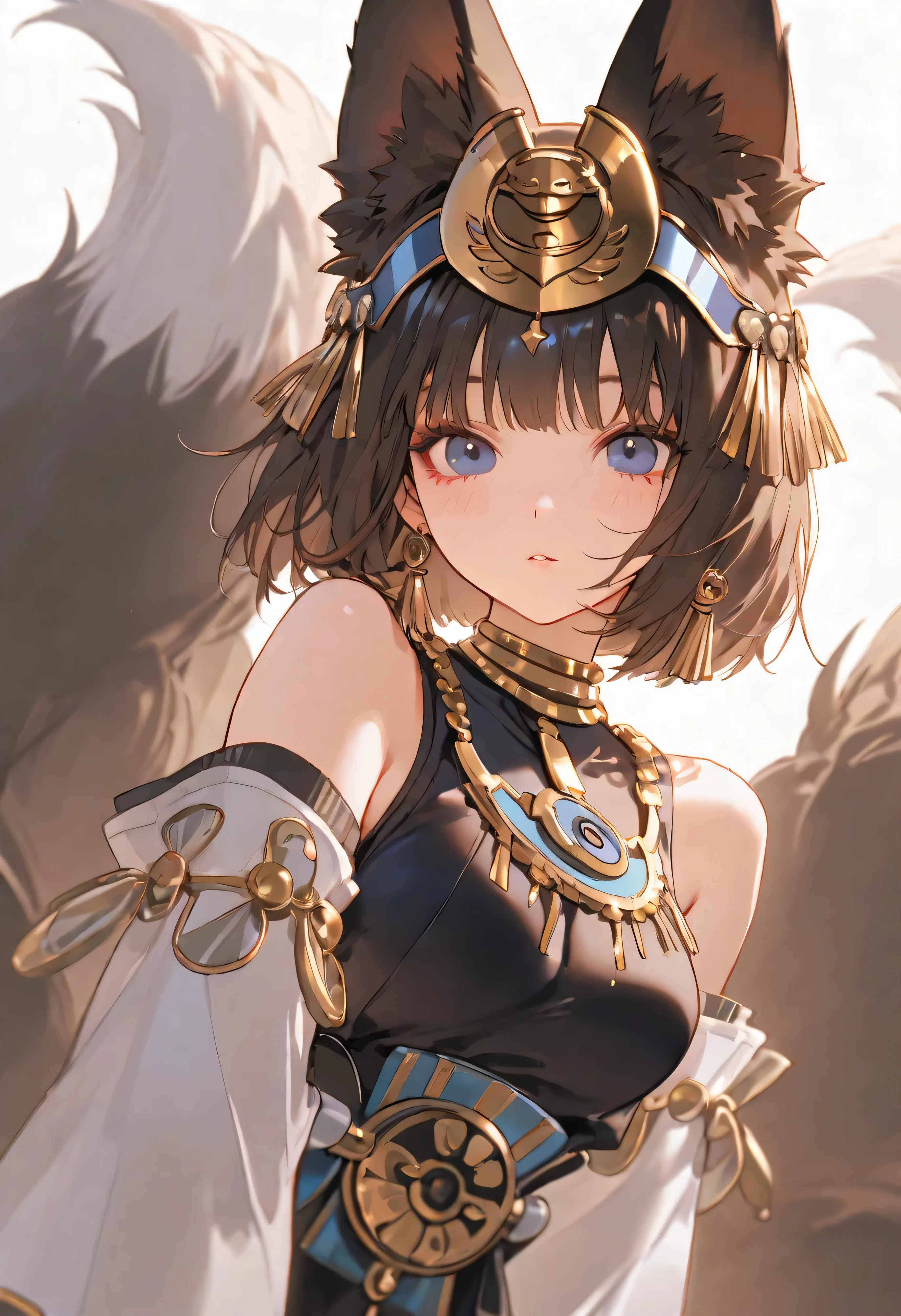 nine tail fox girl with short brown hair ,embodying a perfect mix of beauty and menace , fluffy nine tails , cat ears