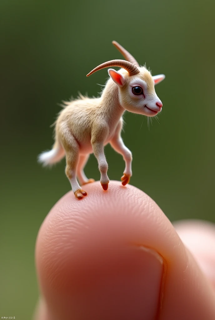 photorealistic, 34k, a tiny baby goat perched on a human finger