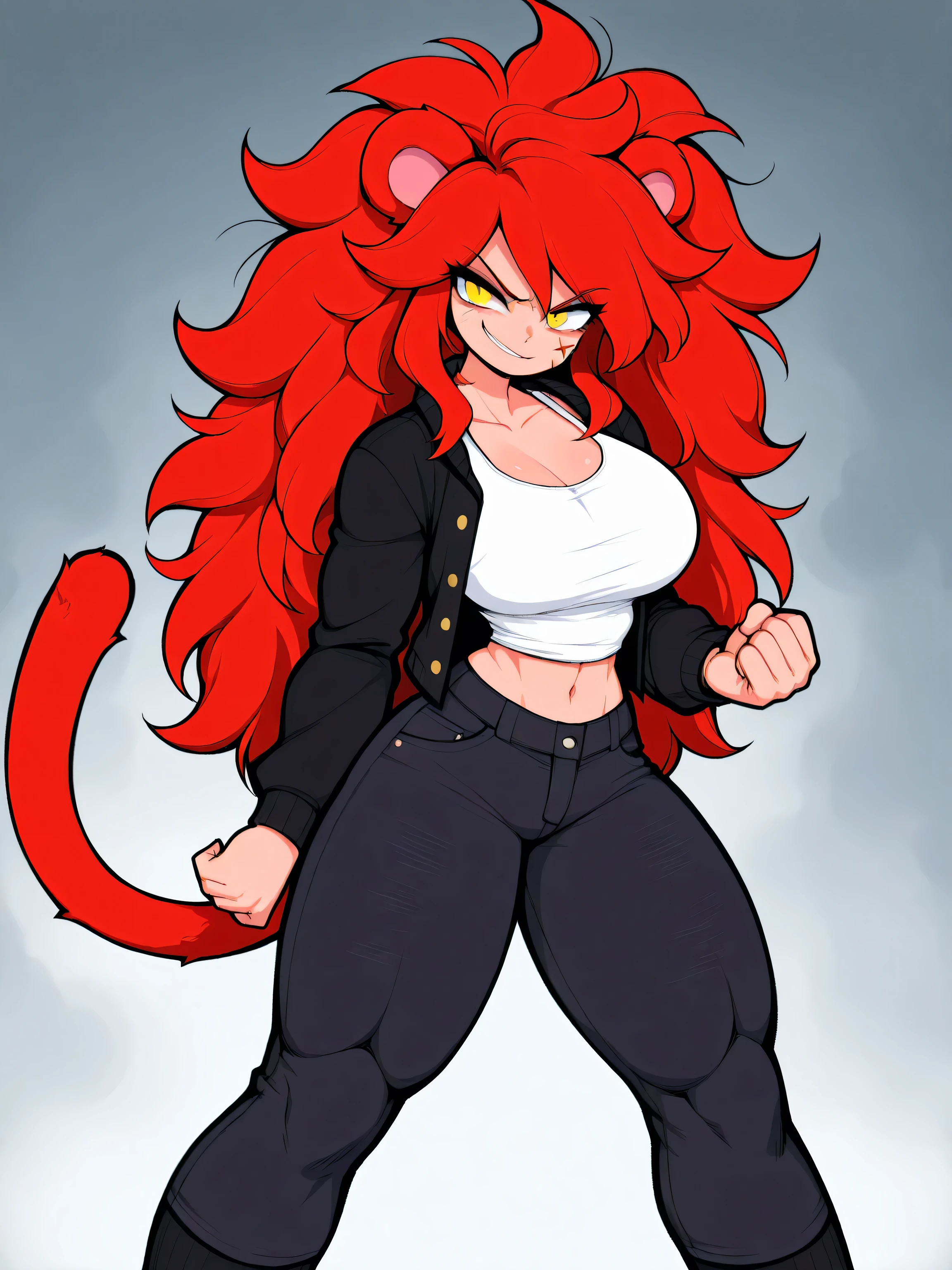 redhead, 1girl, smirk, battle stance, big hair, messy hair, big black socks, unbuttoned jeans, battle pose, strong thighs, big breasts, big thighs, black jacket, white tank top, exposed midriff, navel, black jeans, strong, solo, red hair, muscles, tall, red monkey ears, red monkey tail, yellow eyes, small scar on the cheek, best quality, amazing quality, highres, absurdres,score_9, score_8_up, score_7_up,source_anime,BREAK,masterpiece
