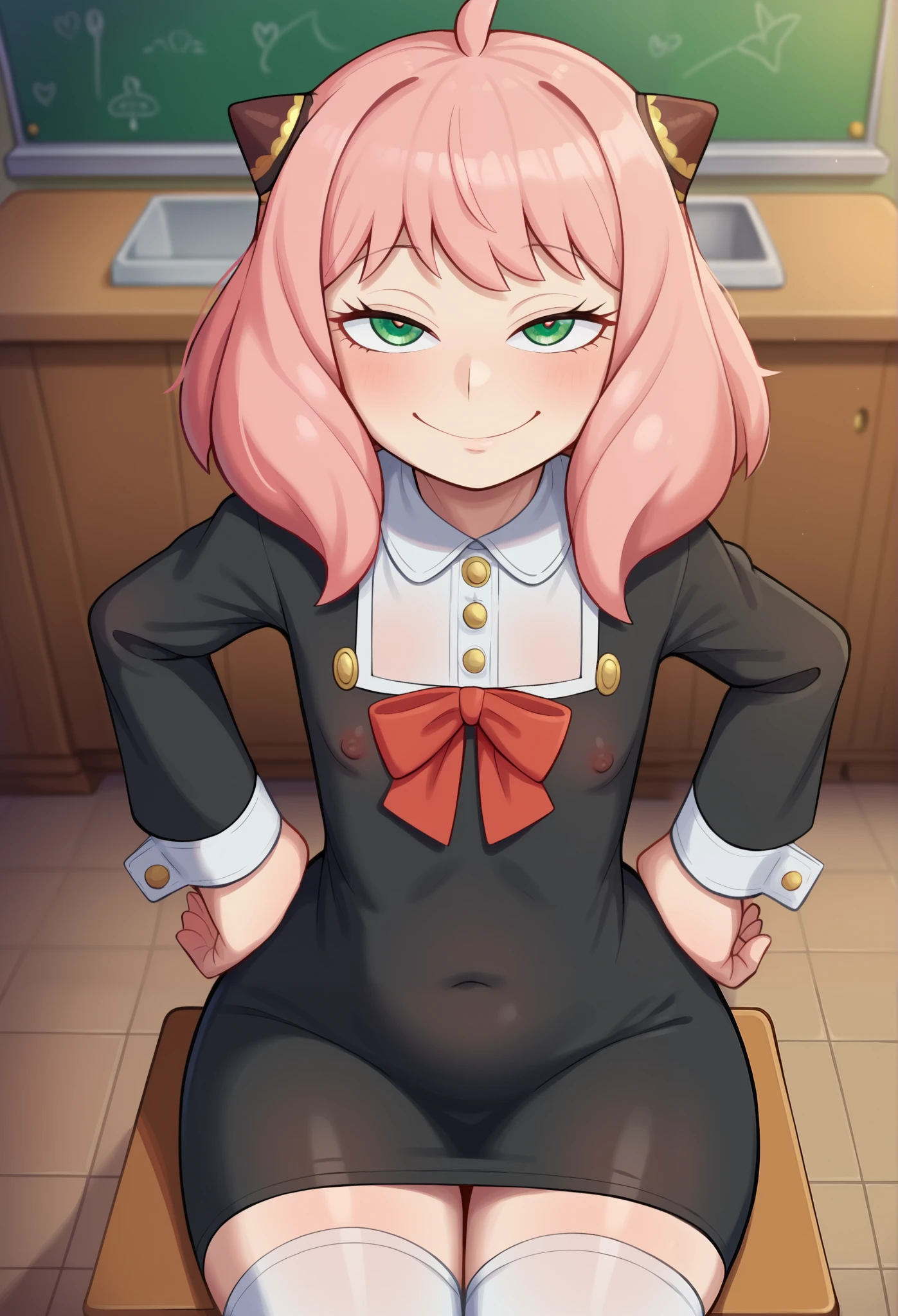 score_9, score_8_up, score_7_up, Yamathegod artsryle, 1girl, solo, anya forger nsfw, (/spy x family/), , tiny girl, size difference, very short girl, from above, looking at viewer, viewers pov, Anya is way shorter than viewer, small stature, innocent, pink hair, hairpods, sitting, school uniform, Anya Forger loose dress, dress, black dress, yellow, green eyes, sleeve cuffs, gold trim, flat chested, huge butt, butt focus, thick thighs, tight body, white thighhighs, covered little nipples underneath dress, age difference, immature, under-aged, younger girl, juvenile, youthful, legs spread open, middle school student, tight-girl, Anya is 120 cm tall, half-closed eyes, viewer looking down at Anya, smile, hands on hips, large hands are picking her up, indoors, classroom, chalkboard, yamathegod style, Big eyes, cute