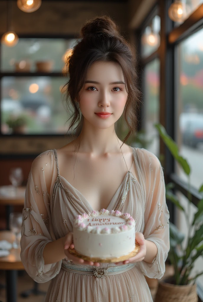 (((masterpiece+highest quality+High resolution+Super detailed))), brown long hair, high nose, bright eyes, 8k,highest quality、Cake shop、Eating cake、waitresaid clothes、skirt is short、whole body、Afternoon tea、There's a little cream on my cheeks、cute smile、white teeth、frilly light pink dresedium breasts、I can see the cleavage、looking at the audience、super model girl、beautiful thighs、natural lip、brown long hair、double eyelid、bangs,perfect hands、perfect fingers