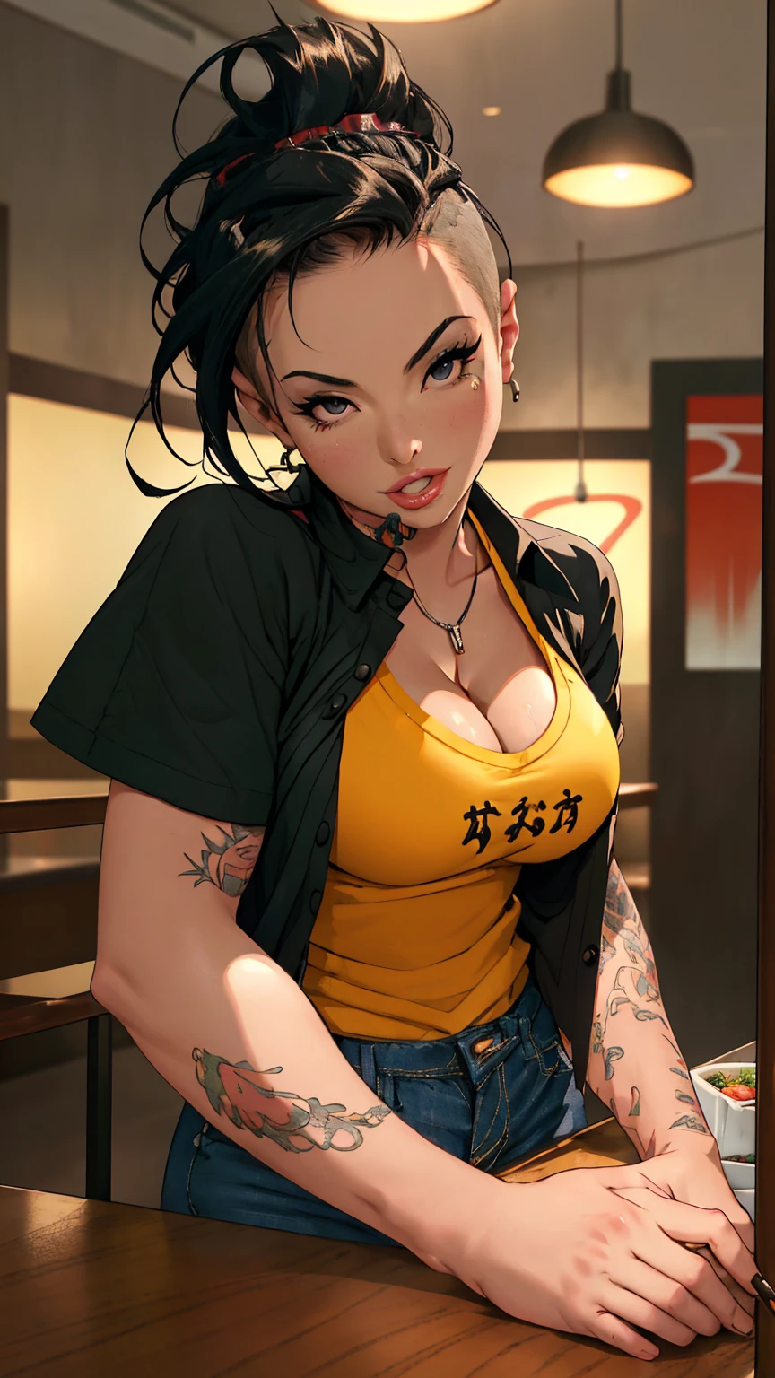 score_9, score_8_up, score_8, 1girl, my hero academia, my hero academia anime style,momo yaoyorozu,pout, pursed lips, nipples, wet skin, upper body, black tube top, areola slip, underboob, erect nipples, choker, looking at viewer, large breasts,tiger print jacket,dark red lipstick, eyeshadow, dark alley setting, graffiti ,score_7_up,score_6_up,masterpiece, ,cartoon,,