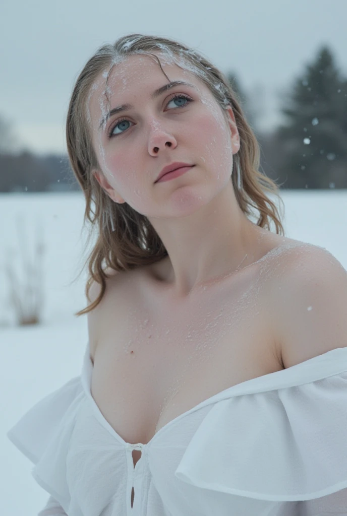 Very Pale skin curly black hair Russian woman nude standing in Snow winter full body smiling