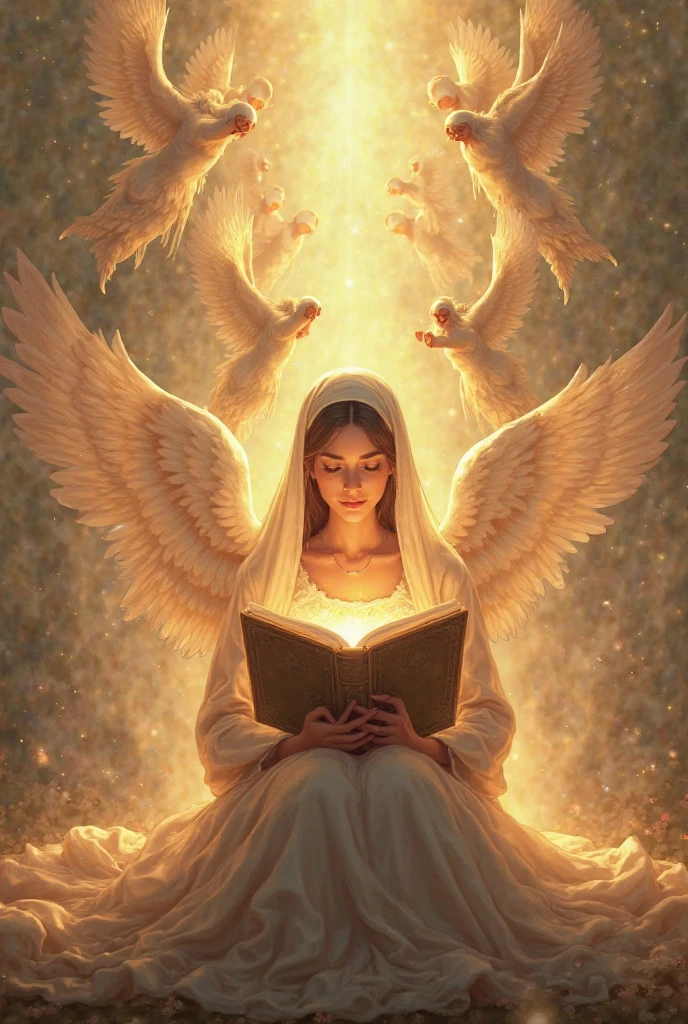 "oil, ((dream-like)) Angel reading an ancient book, Warm Light ((Inside the mysterious hobbit cave)), Magical atmosphere, quirky clock, Fascinating, comfortable, Controlling happiness。White wings growing、Highest quality