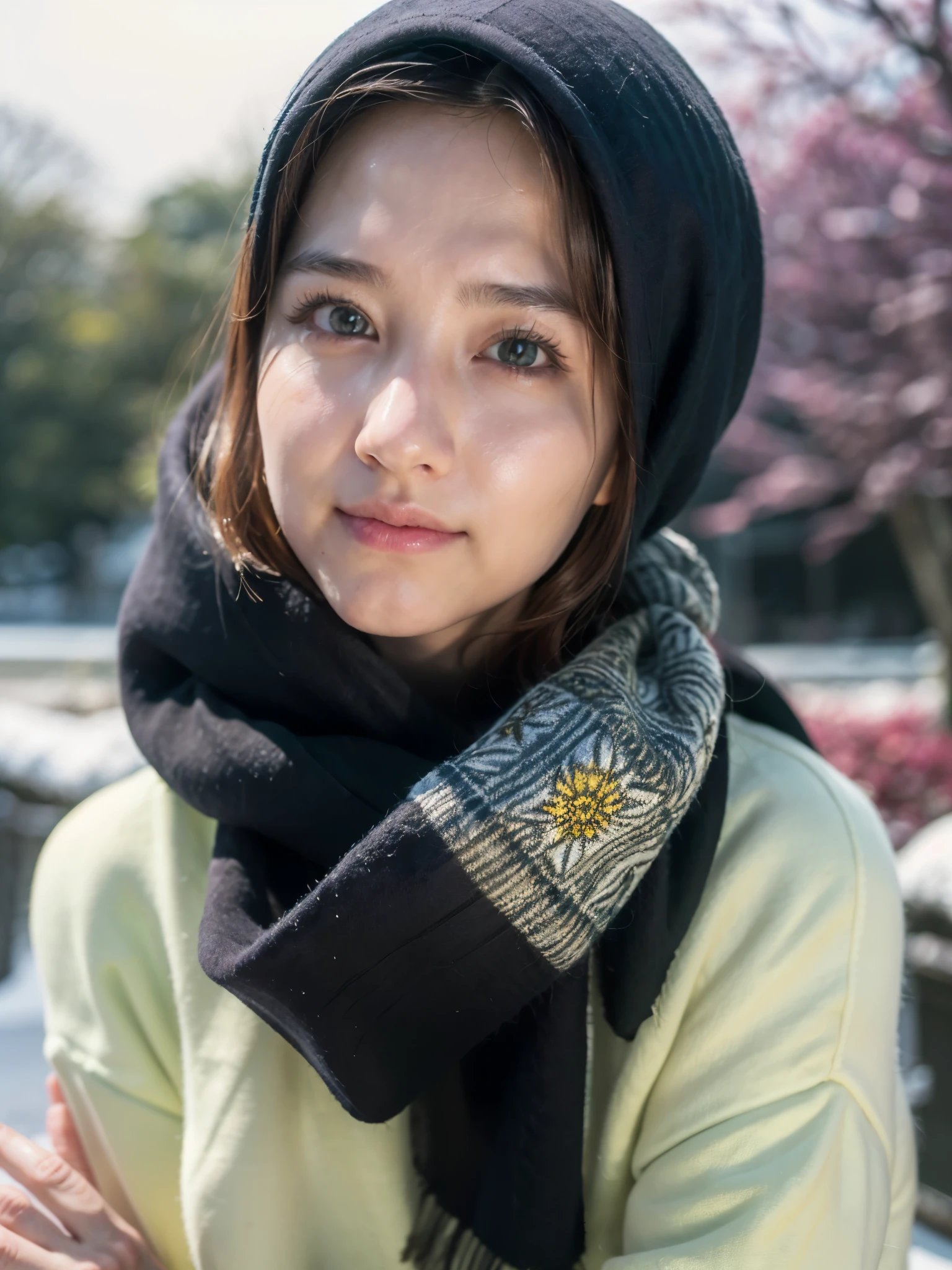 top-quality close-up portrait, ((Beautiful korean girl, wearing pashmina hijab, oversized sweater, longsleeve, wool):1.5), bewitching face, (((PByoung) likeness):1.4), ((beautiful detailed eyes, cute greeney eyes, beautiful detailed lips, small nose, detailed flawless face, round face shape, simple make-up):1.3), ((Elegant looks:1.3)), mesmerizing expression, allure gaze, ((slim body, slender body posture, soft and smooth skin, natural skin tone):1.4), ((cute girl, elegant pose):1.42),Detailed smooth photorealistic, stares at the camera, ((flowers field background, snowy atmosphere, bokeh):1.3), ((vivid colors, cinematic lighting photon mapping, high contrast, intricate details, perfect composition, artistic photograph, 8k, smooth photorealistic, masterpiece):1.3), ((wide angle, seen from forward):1.2))