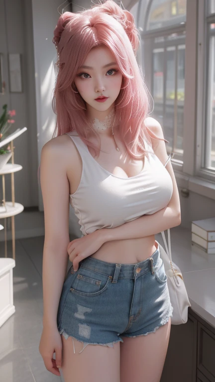 (masterpiece:1.4), (8k, photorealistic, RAW photo, best quality: 1.4), japanese, (1girl), beautiful face, (realistic face:1.4), (pink hair, long hair:1.3), beautiful hairstyle, realistic blue eyes, beautiful detailed eyes, (realistic skin:1.3), beautiful skin, attractive, ultra high res, ultra realistic, highly detailed, golden ratio, (detailed face:1.4), looking at viewer, open white shirt, (realistic medium breasts:1.4), standing, hand on hip, transparent shirt, (braless:1.4), nipples_out, short jeans, shorts, nsfw, city street, dynamic lighting,((characters play)),smiling, seductively posing,
