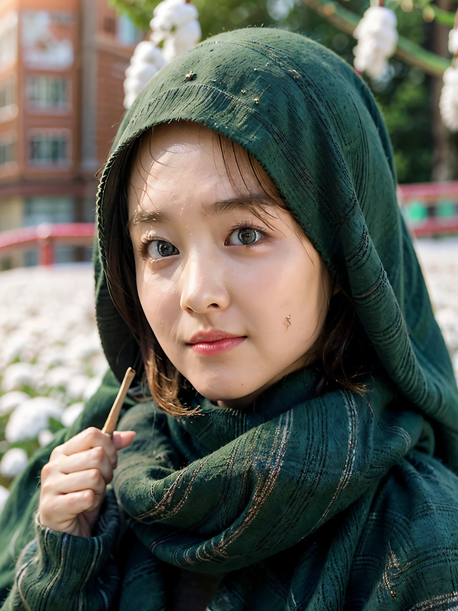 top-quality close-up portrait, ((Beautiful korean girl, wearing pashmina hijab, oversized sweater, longsleeve, wool):1.5), bewitching face, (((PByoung) likeness):1.4), ((beautiful detailed eyes, cute greeney eyes, beautiful detailed lips, small nose, detailed flawless face, round face shape, simple make-up):1.3), ((Elegant looks:1.3)), mesmerizing expression, allure gaze, ((slim body, slender body posture, soft and smooth skin, natural skin tone):1.4), ((cute girl, elegant pose):1.42),Detailed smooth photorealistic, stares at the camera, ((flowers field background, snowy atmosphere, bokeh):1.3), ((vivid colors, cinematic lighting photon mapping, high contrast, intricate details, perfect composition, artistic photograph, 8k, smooth photorealistic, masterpiece):1.3), ((wide angle, seen from forward):1.2))