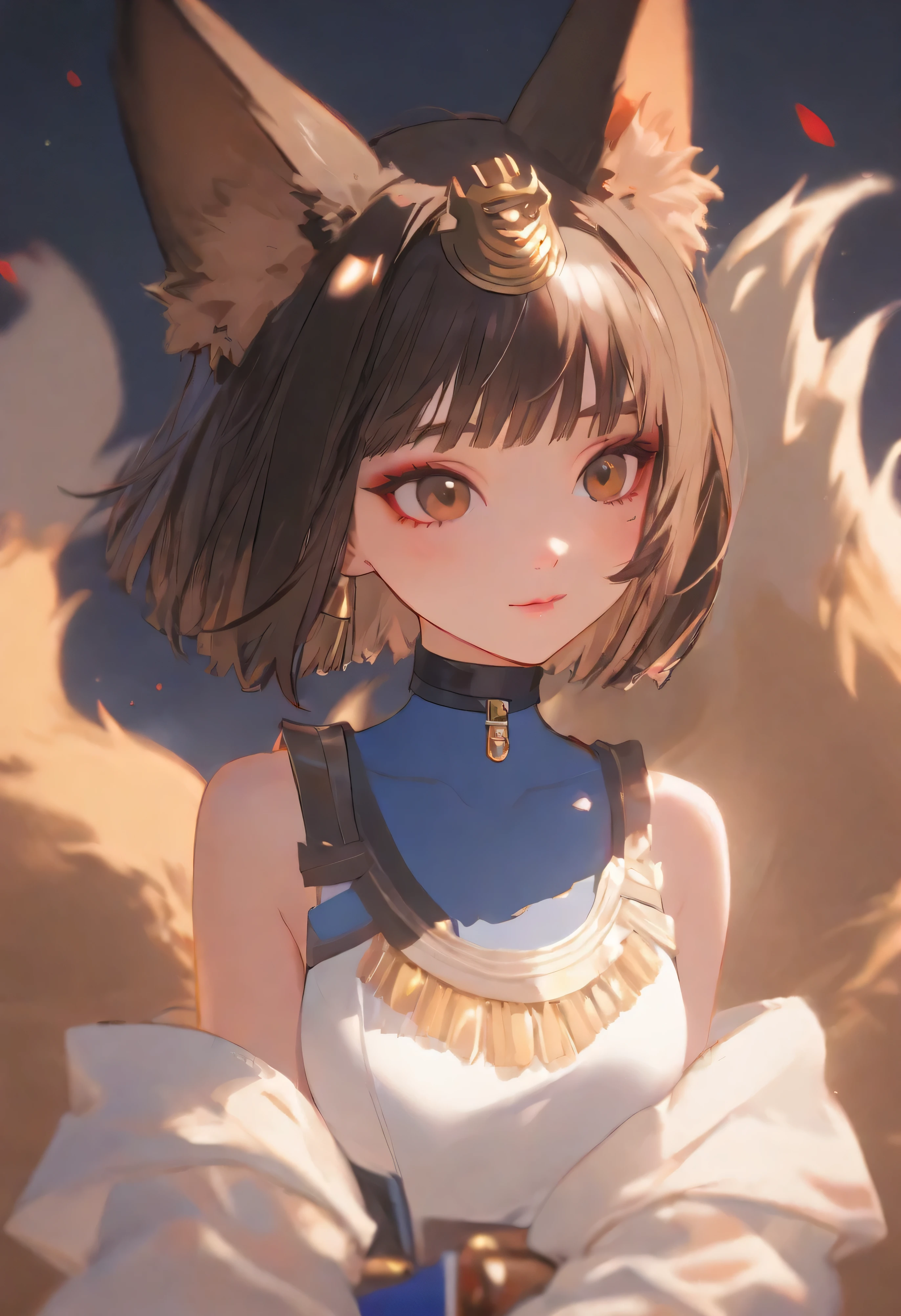nine tail fox girl with short brown hair ,embodying a perfect mix of beauty and menace , fluffy nine tails , fox ears