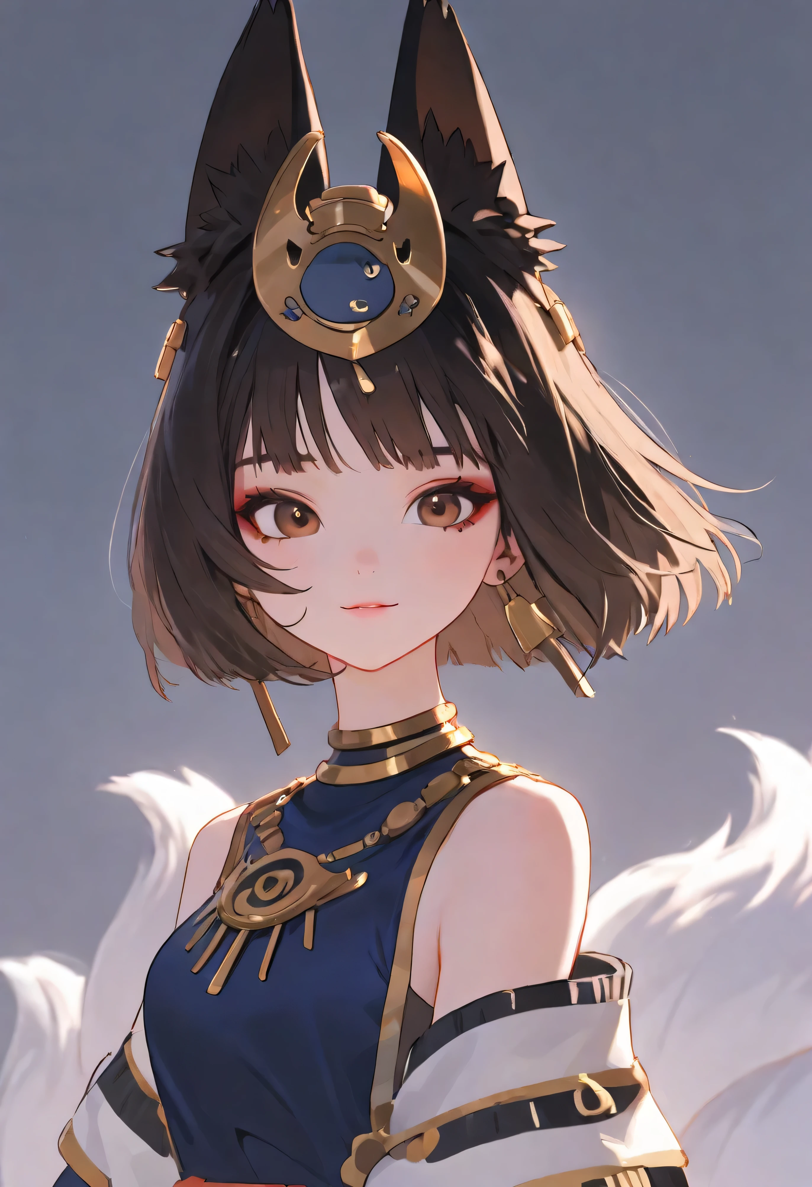 nine tail fox girl with short brown hair ,embodying a perfect mix of beauty and menace , fluffy nine tails , fox ears