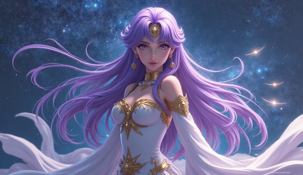anime - style image of a woman in a white dress with purple hair, anime goddess, ((a beautiful fantasy empress)), lady palutena, portrait knights of zodiac girl, a beautiful fantasy empress, anime princess, cute anime waifu in a nice dress, portrait of megara, royal elegant pose, the greek goddess aphrotite, masterpiece goddess of sorrow