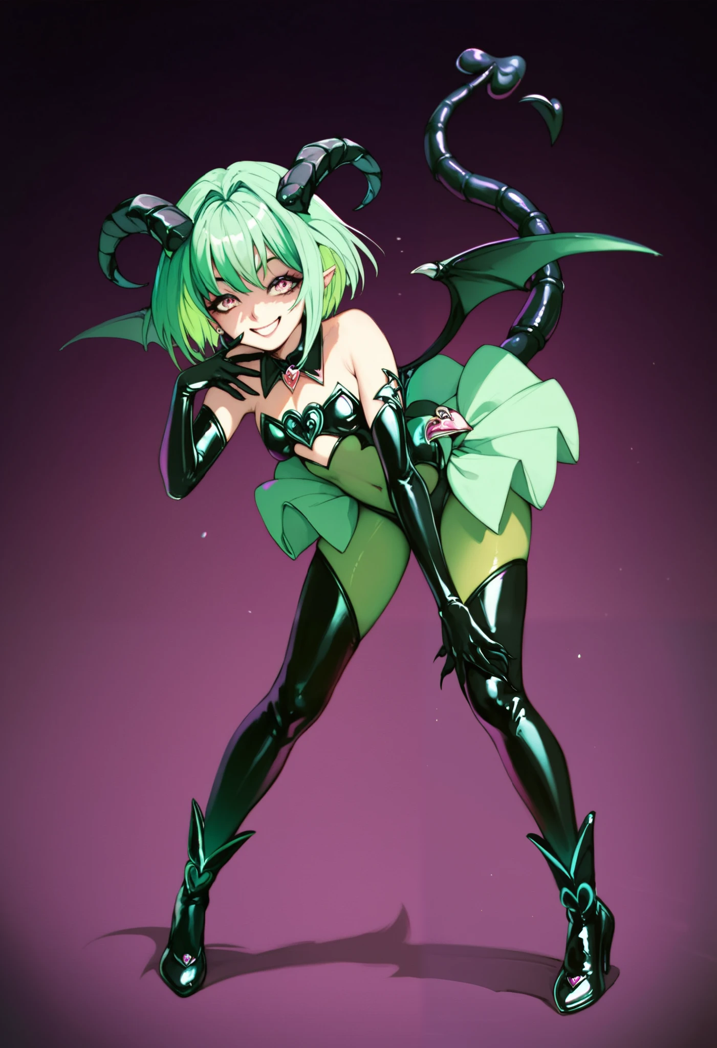 Succubus-style magical girl. Black scorpion tail. Scorpion motif. Black carapace. Mint green hair. Two-tone hair. Short hair. High legs. Body tights. Sharp claws. Black paint hands. Yandere Smile.