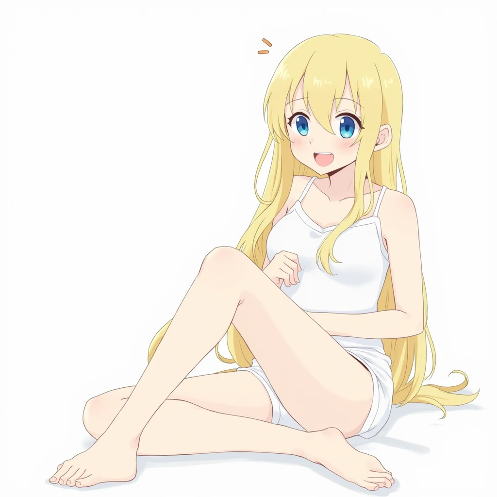 beautiful, cute anime girl, blue eyes, blond long hair, wearing a tiny white thong bikini, squatting in forest, flat chest, skinny body, skinny legs, little, embarrassed, shy, blushing, uncomfortable, low angle view,
