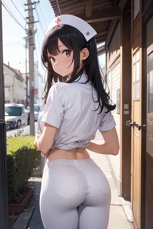 from back:1.5,((perfect anatomy,realistic:1.3,RAW Photography:1.3,masterpiece、highest quality、Ultra - High resolution、High resolution、Highly detailed CG、8K)),cowboy shot,1 female,solo,18-year-old、high school girl,18-year-oldの美女,Japanese,((beautiful detailed face and eyes:1.3,big gorgeous eyes:1.3,gray eyes,profile)),black hair,long bob hair,(center parted hair,forehead),shy,shy,tears,(medium breasts,slender body,small head:1.3,skinny),((oily skin)),(gleaming skin,shiny skin,ass),(white oversized shirt,Bare legs、Sneakers),White panties,standing,on street,Tokyo、