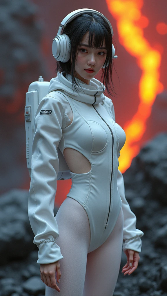 bob cuts, Silver hair, Multicolored hair, Undressed body, sexy body, sexy, : <, Closed eyes, ((Nice face)),(masterpiece),ahoge,bangss, Dynamic, Solo, wide shot, glove, perfect breasts,(Ambient lighting),Earth at the top of the image, empty-handed, Solo, 1girl, highres, weeping, Lunar surface, universe,,,