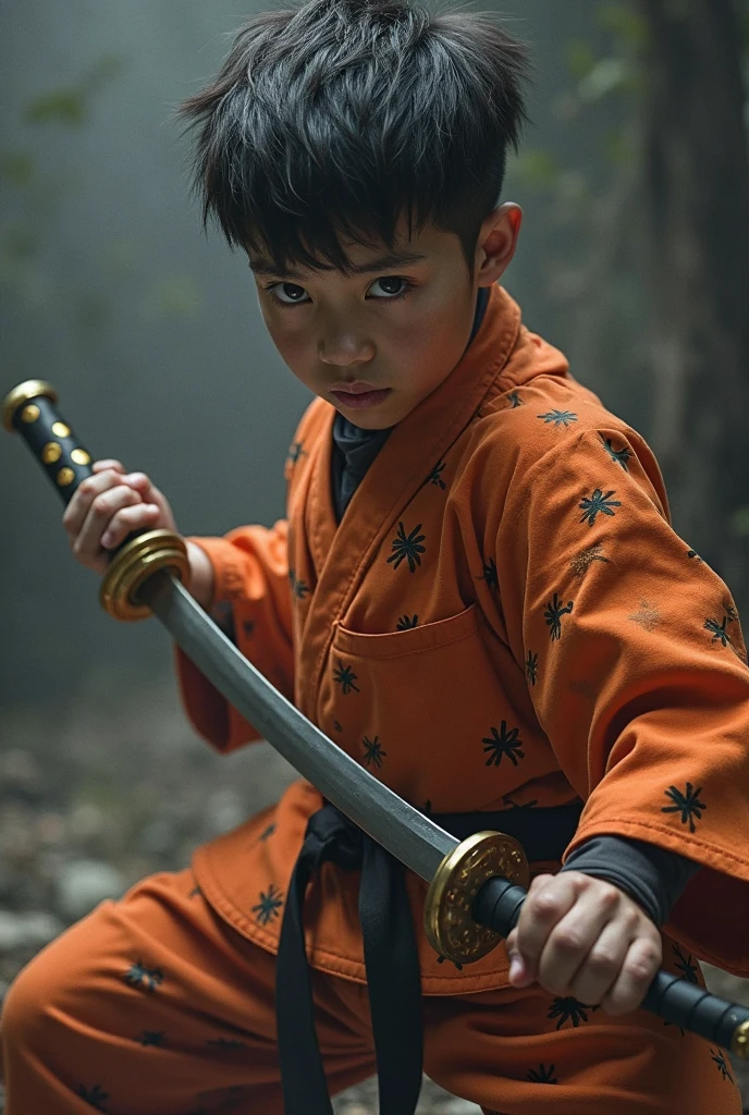 A boy with red shirt and black pant and he have crown in head holding red katana background purple