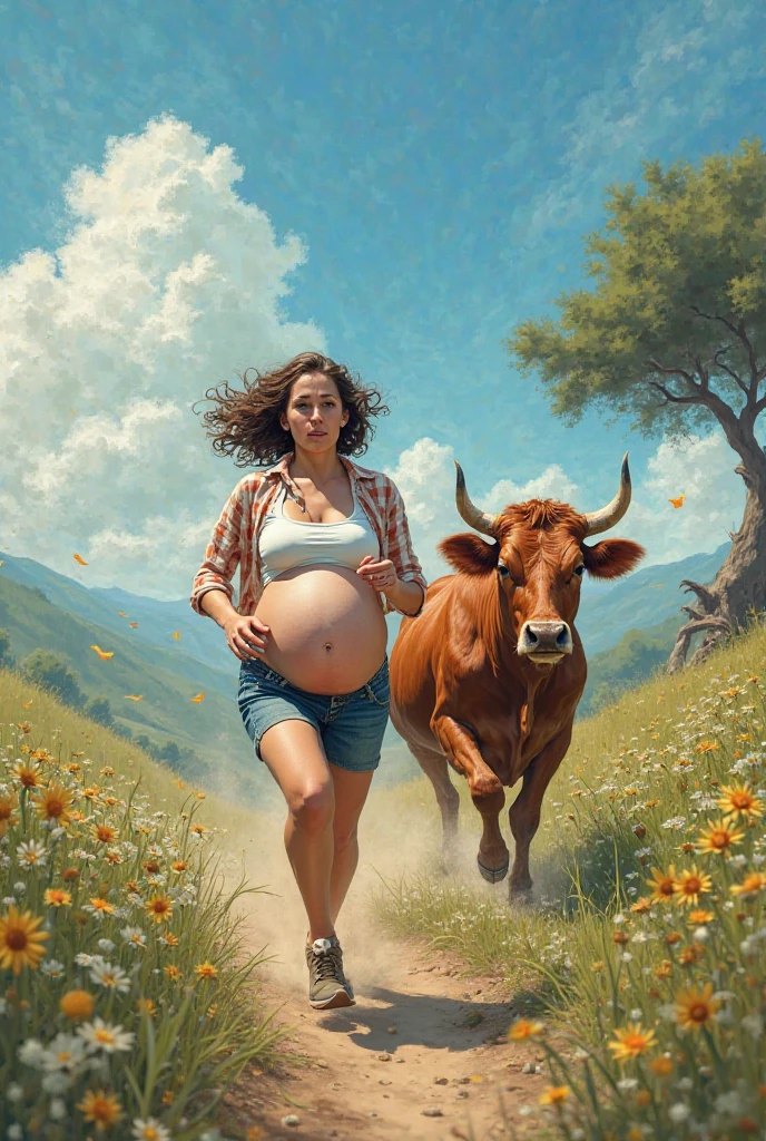 Pregnant woman playing the trumpet in a wheat field