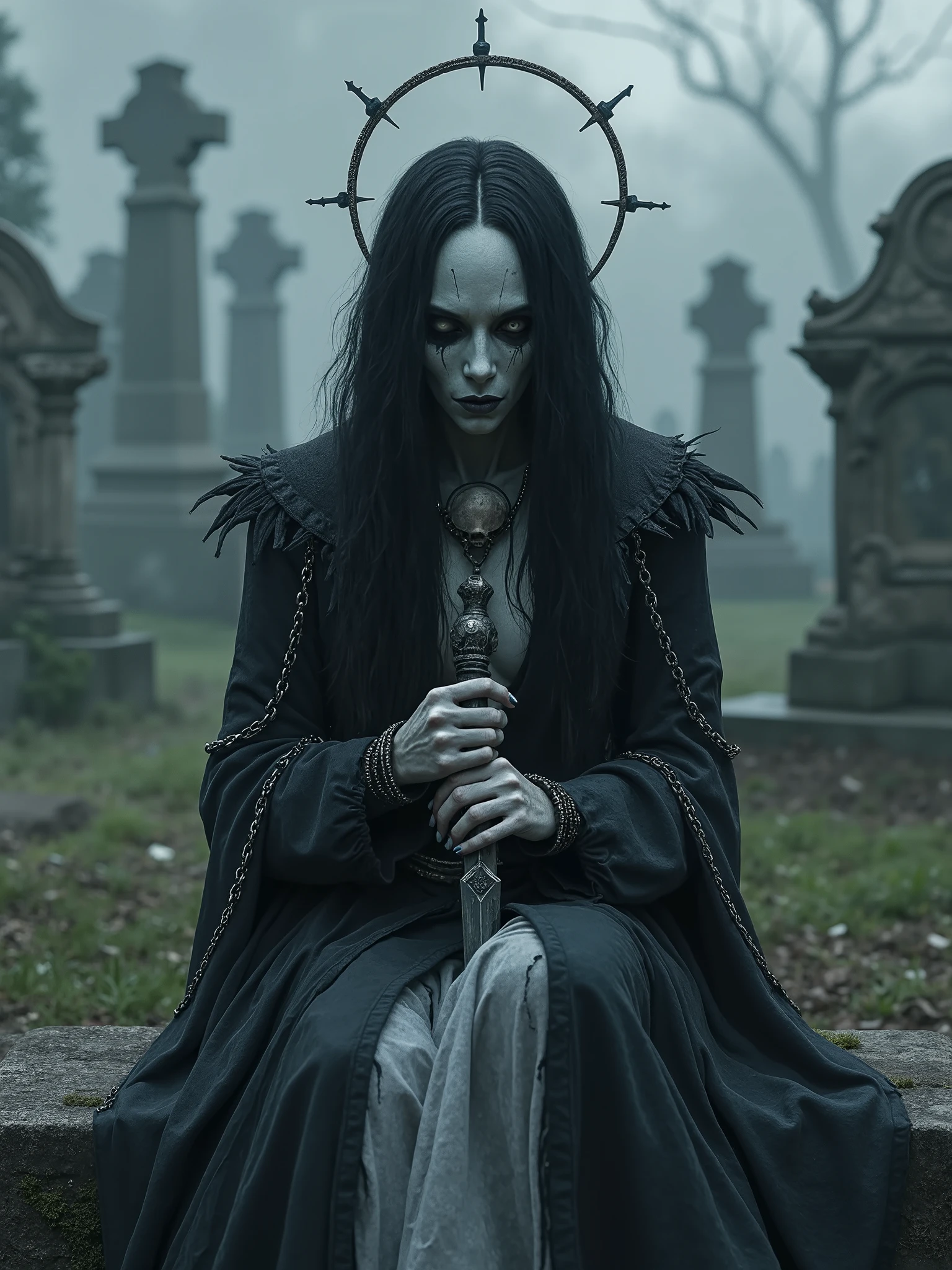 Beautiful necromancer ghost woman entity with transparent white half skull face,with long black hair,gostly figure at the cemetery, holding a morgul blade as she lingers over the graves,dark realistic photography,dark art, occult dark art,surreal atmosphere , beautiful and dark, wearing a long chained black coat, torn and warn, transparent face closeup,pale skin on the face, majestic pose as the entity brings back the dead on the cemetery , lovecraftian biomechanical art, beautiful dark art
Skull halo above her head, skull necklace and long black and white dress, sitting on a grave made of swords,crying black tears