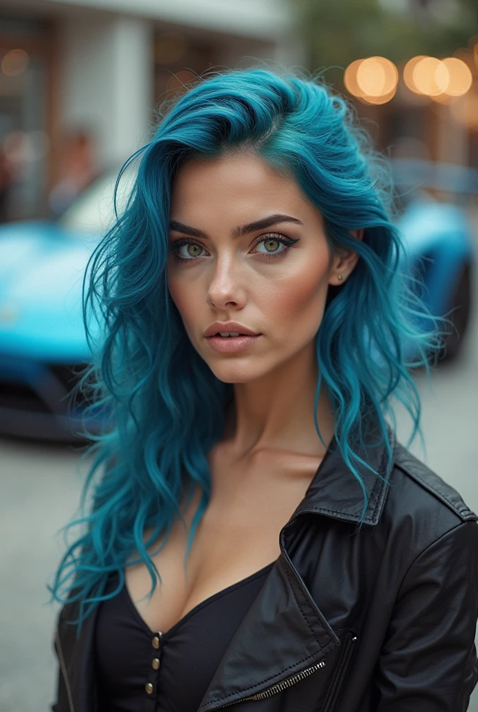 8k full view a tan skin Spanish woman with extra long beautiful black, and red ombre hair with blue highlights,blue eyes, smooth skin, nose pierced wearing a leopard print short dress leopard print shoes posing on the car