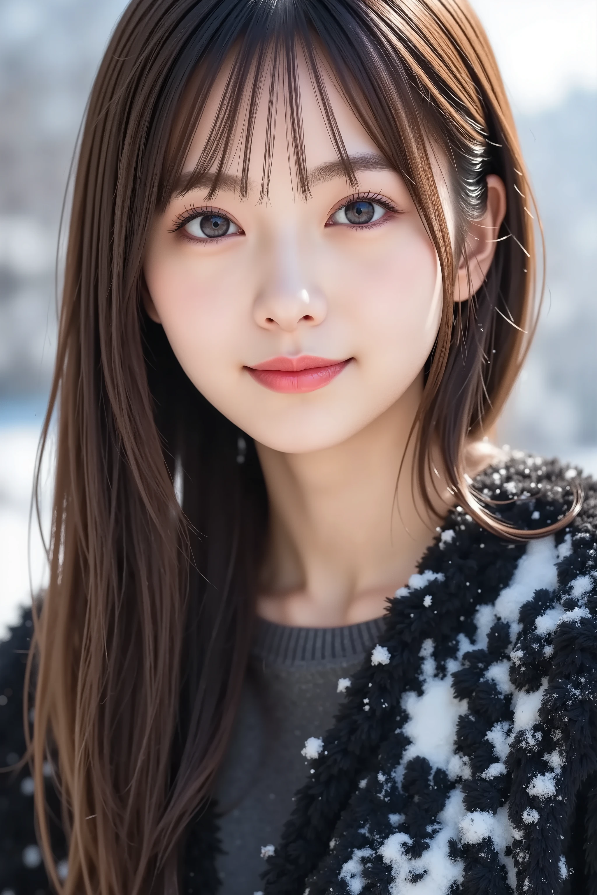 A state where the face is accurately positioned in the center of the image , upper breast , fully reflects the entire head , Face clearly visible 、 black fur coat covered with snow, Winter snowy landscape outside, long hair、bangs, smile, young and cute japanese face , official art, high image quality CG Unity 8k wallpaper,Ultra high image quality , very well detailed, high image quality , FILM GRAIN , lens flare glow , highest quality ,8k, as a portrait shot ,8k, viewer ,  masterpiece,highest quality ,very well detailed, it's cute , sexy,very well detailedな,Detailwear Features ,beautiful, illustration of a woman with a penis , beautiful Japanese woman, ladies 1 , Tight chest