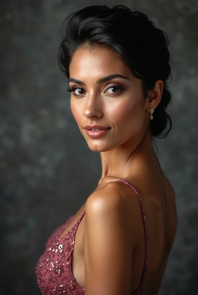 Create a woman with long hair, blackw, brown formal wear 