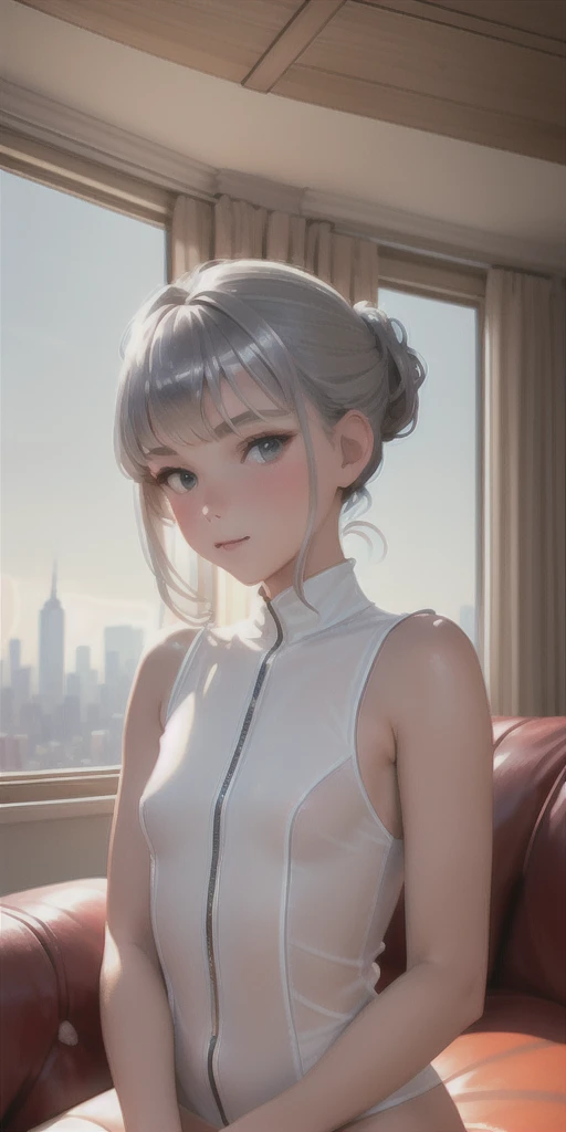 ((grey hair)), high ponytail,,heavy makeup, cute, technological sense,8k, best quality, masterpiece, illustration, an extremely delicate and beautiful, extremely detailed ,CG ,unity ,wallpaper, Amazing, finely detail, masterpiece,best quality,official art, extremely detailed CG unity 8k wallpaper,((smile)),tomboy,((Big eyes)),((perfect eyes)),highly detailed, sharp focus,rich background,, looking at viewer, breasts, blurry background, small breasts, bangs, bare shoulders, white dress, dress, realistic, in the cyberpunk city, strong rim light, in summer,