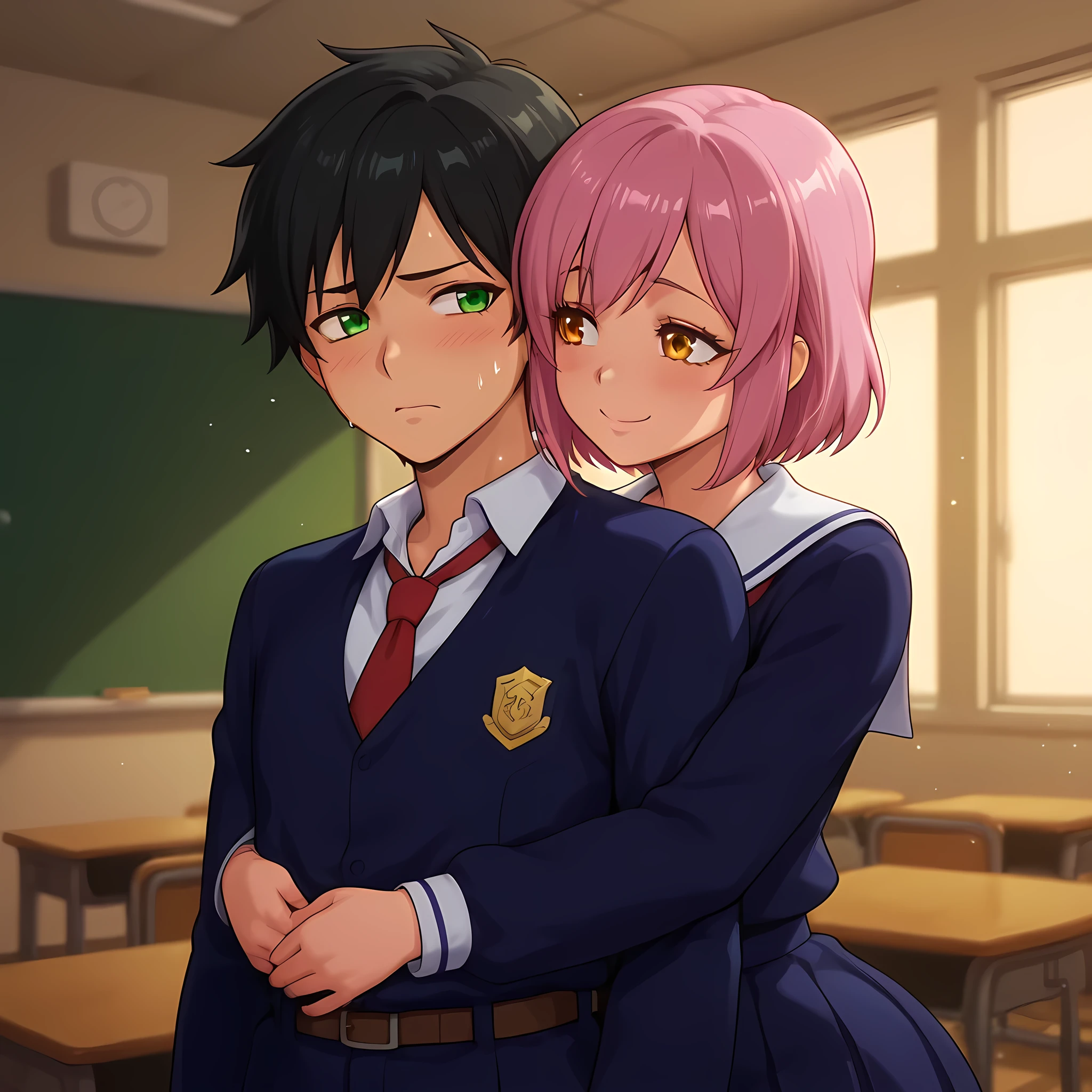 Two girls and a age boy:1.4, {girl1}:(smiling passionately, blue haired girl hugging boy from front, wearing school clothes, standing with boy, green eyes).BREAK.{girl2}:(hugging boy from behind, wearing school clothes, standing with boy, jealous look, pink haired girl, orange eyes).BREAK.{boy1}:(shy boy, sweating nervously, wearing school uniform, black hair, green eyes, being hugged by two curvy girls).BREAK.((classroom, better image quality, better lighting, better shading, color balance)).