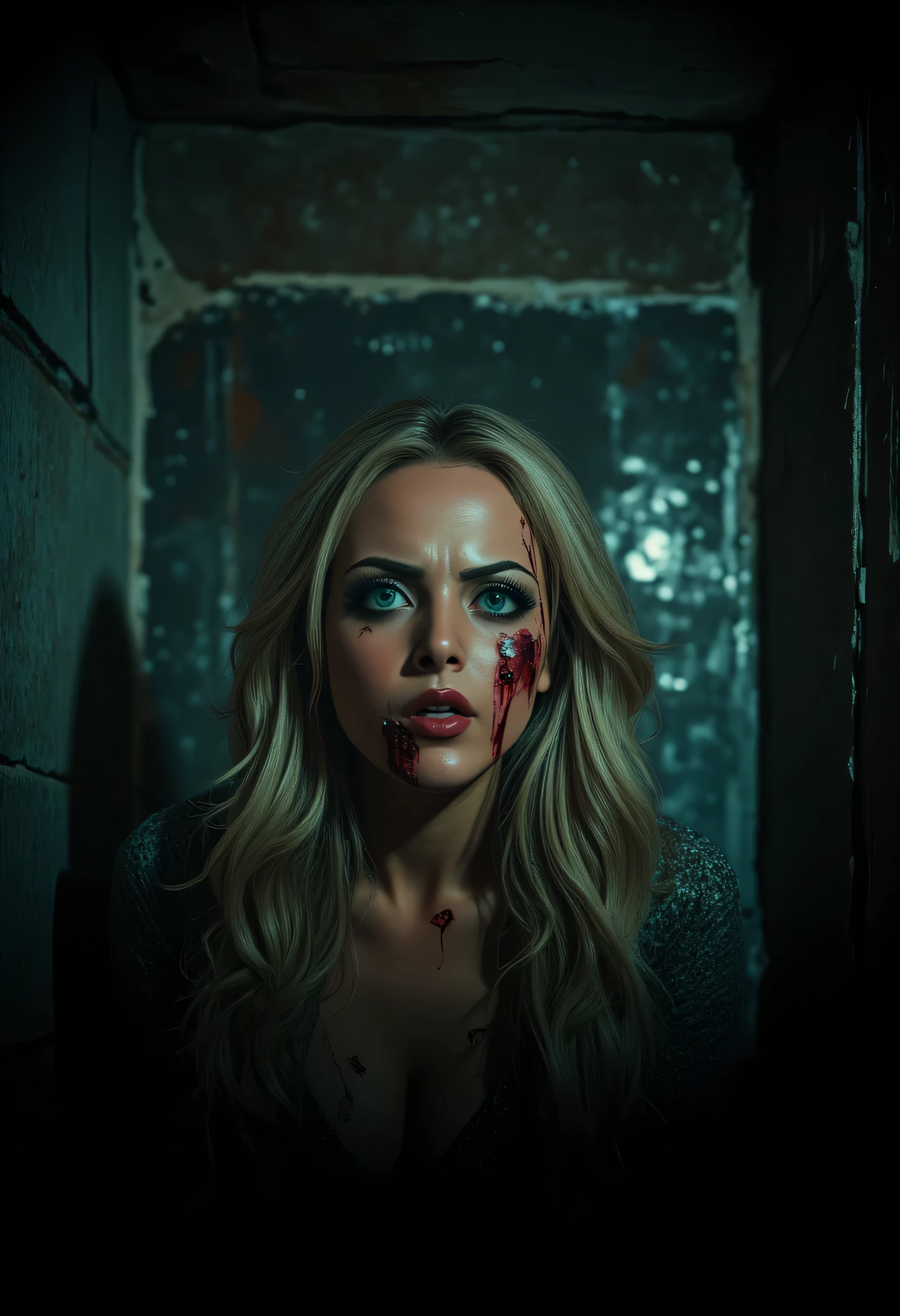 ElizabethGillies, murder, solo, basement scenery, looking at viewer, unreal engine 5, UHD, 4K, cinematic lighting, long blonde hair, scared face, horror, death, hurt, blood, bleeding