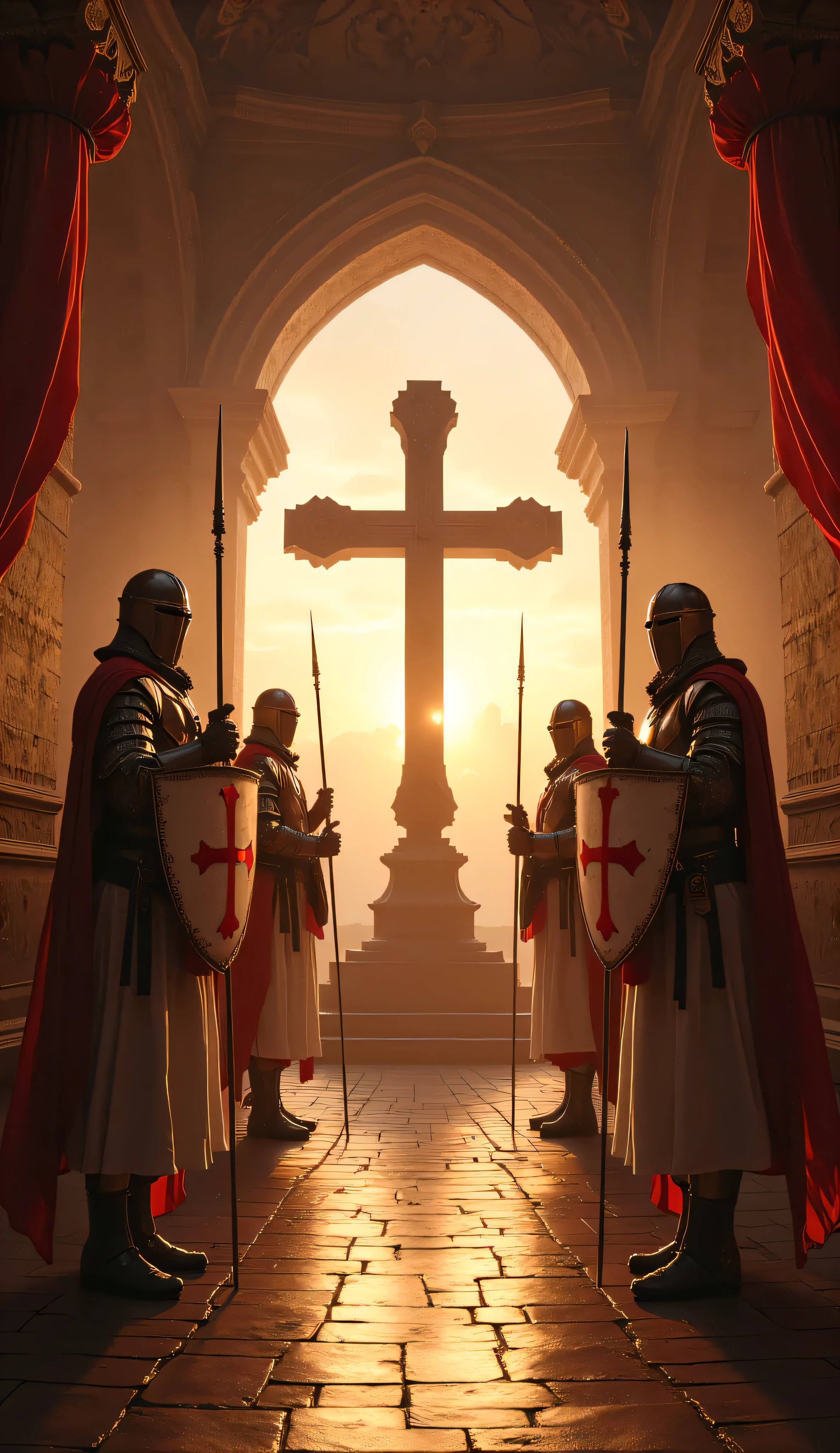**Prompt:** Immerse yourself in the heart of a medieval Catholic chapel, captured in a stunning hyper-realistic panoramic wide-angle image. The scene is framed around a symmetrically balanced holy cross, radiating a sense of sacredness and serenity. In the foreground, a courageous patrol of Templar knights, members of the storied brotherhood, stand armored in gleaming metal reflective of the setting sun’s golden hues. Each knight’s chainmail glimmers, while their iconic white robes—embossed with striking red cross symbols—flow with the evening breeze as they prepare for the trials ahead. The knights are depicted in dynamic stances, each gripping a spear with determination in one hand and a formidable red cross shield in the other, embodying unwavering resolve. Take care to emphasize the intricate textures of their armor, from the polished sheen to the wear that signifies countless battles. Capture the delicate movement of fabric, the rich detail in the folds of their robes, and the nuanced interplay of light and shadow through advanced UHD techniques to enhance the emotional atmosphere of anticipation. Focus closely on the anatomy of their hands—the firm yet precise grip around the weapons should illustrate both readiness and skill. This image should reflect the meticulous standards of award-winning photography, reminiscent of National Geographic, artstation, and deviantart. Create a scene that respects historical authenticity, invoking the timeless essence of the medieval era while carefully upholding guidelines that promote a positive and respectful narrative. DEUS VULT!