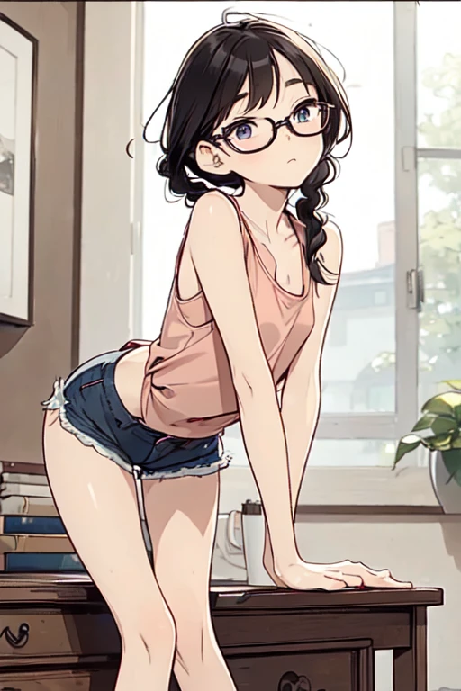 ((masterpiece)),((Highest quality)),((High resolution)),((Anatomical)),((Realistic)),((Detailed Description)),((Full body view)),((Perfect lighting)),((8K)),((cute)),((School classroom)),((Window)),((Sit at a desk)),(((((One little girl))),(((Lori))),(((neutral))),((8-year-old)),((Beautiful eyes)),((Baby Face)),((low length)),((Petite)),((Flat Chest)),((Seductive smile)),((Red cheeks)),(((Tank top))),(((bikeshorts))),(((Glasses))),(((1 backpack))),