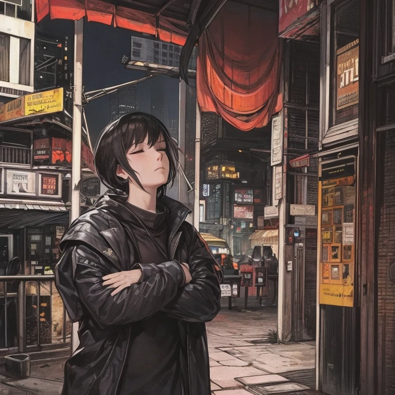 Kusanagi, ghost in the shell sitting on edge of building backdrop neon signs high quality