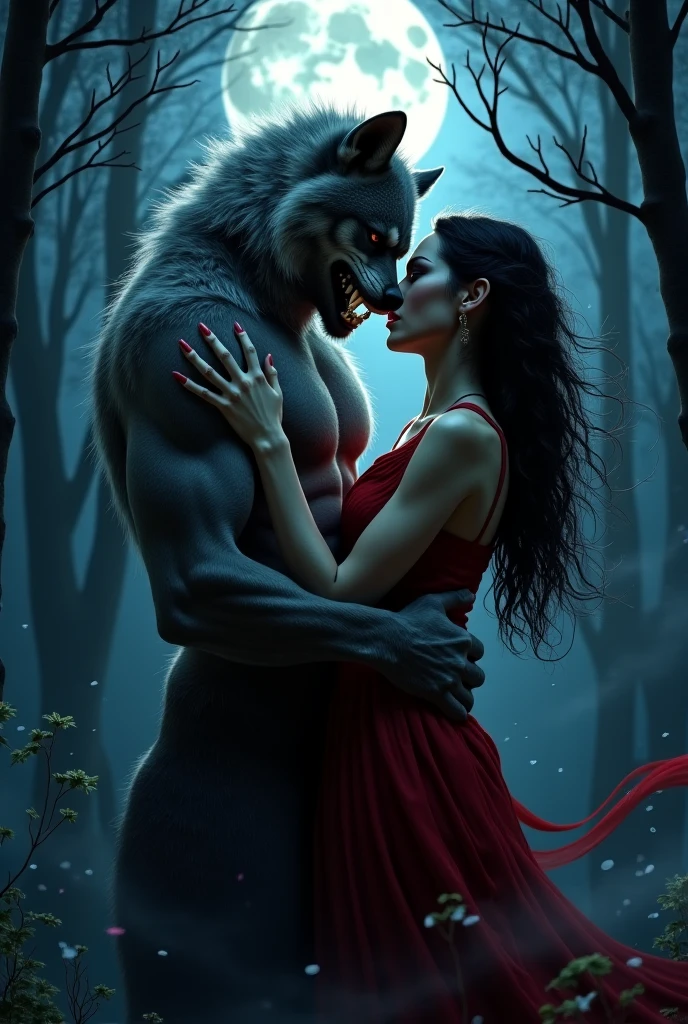 Make me a book cover about Werewolf and vampire couple in a darkened woods