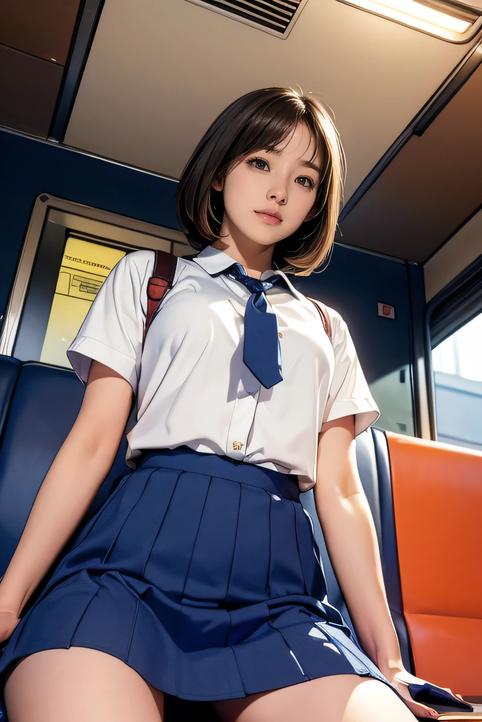 High-definition images, Atmospheric perspective, 8K, Very detailed, precise, best quality,
1 girl, Solitary, Chest, Looking at the audience, (Look at the audience,:1.5),
Brown hair, Brown eyes, parted Lips, underwear, , (Japanese school uniforms),
(Navy blue skirt), (Sitting on a train seat:1.5), underwear, , parted Lips,
Lips, (Navy blue skirt), Cowboy shooting, (((Spread your legs, Cross your arms))), showing sexy White :1.5), Practical ,
(White, Collared shirt, Ribbon Tie),
(Don't expose your upper body:1.5),
(Turn your body towards the audience:1.5) , (From below, look up:1.5), ((15 year old Japanese girl, Short Bob))