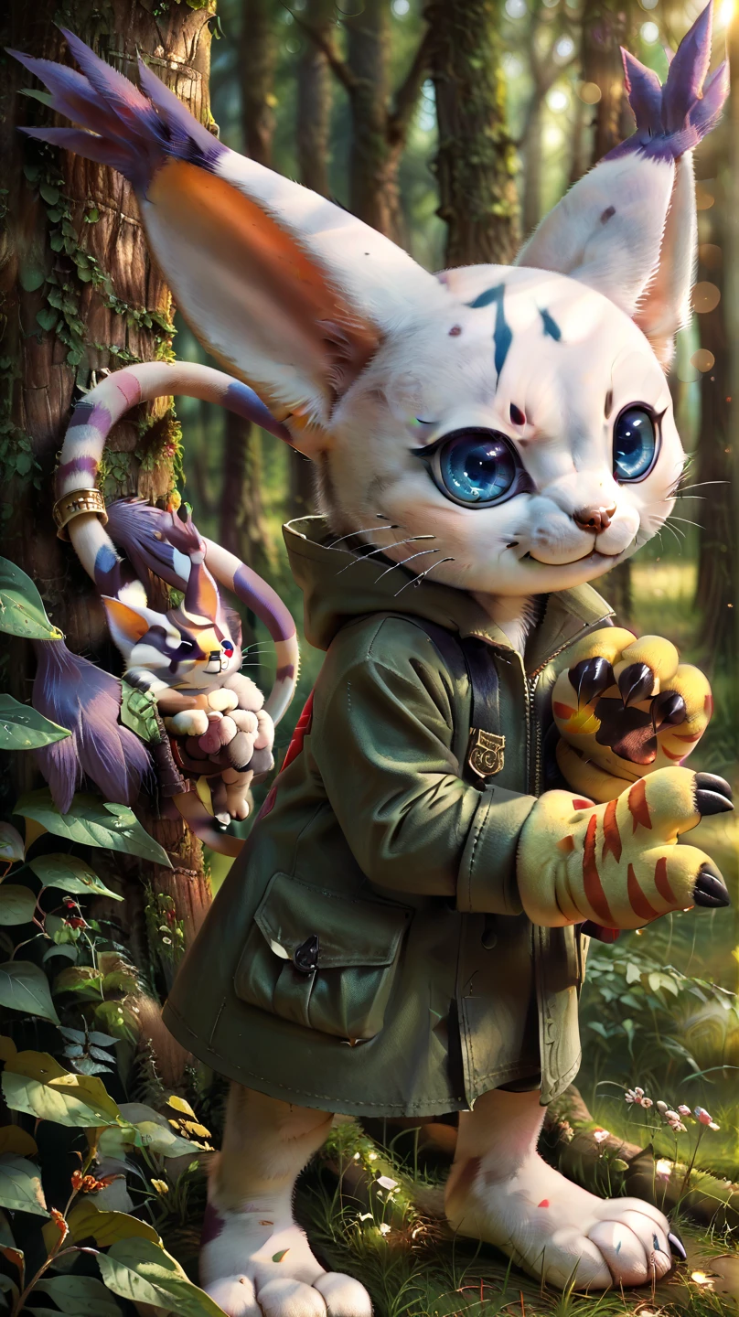 score_9,score_8_up,score_7_up,score_6_up,score_5_up,score_4_up,absurdres,masterpiece,outstanding,gatomon,digimon,feral, a photograph of gatomon standing, in a forest, blue eyes, tail ring, paw gloves, yellow gloves, feral,dof,bokeh