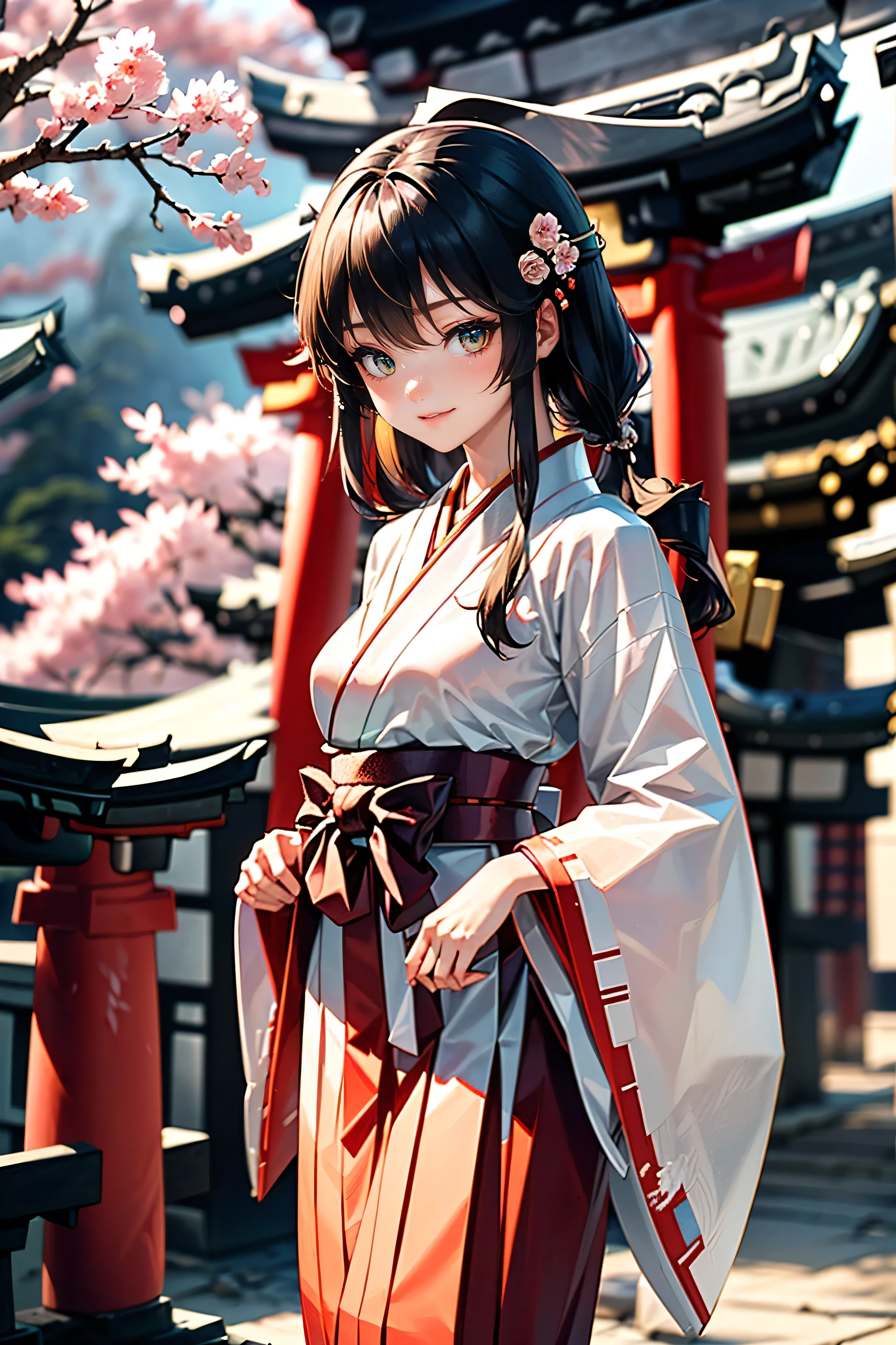 (Ultra Realistic), (Photo), (High Resolution), (8K), (High Definition), (Best Portrait), (Beautiful Detailed Eyes), (Best Quality), (Ultra Detailed), (Masterpiece), (Wallpaper), ((Wearing a Shrine Maiden's Clothes and Long Red Hakama)), ((Human Shrine Maiden with Odd Eyes)), ((Heterochromia Iridum, Red Eyes, Green Eyes)), ((Sparkling Detailed Eyes)), (Highly Detailed Face), (Long Silver and Purple Hair), (One Girl), (Solo), (Detailed Eyes, Pale Cheeks, Shining Skin, Glossy lips, lighting of face), ((transparent smooth white skin)), (standing posture: 1.0), (small breasts), slender body, (thin thighs), (thin waist), ((standing in front of the torii gate of a shrine wearing a shrine maiden's outfit)), ((outfit worn by a shrine maiden at a Japanese shrine)), ((wearing long red hakama)), ((shrine maiden's sokutai)), ((sparkling smile)), (shrine maiden's outfit), (long sleeves), (long hakama: 1.2), (cherry blossoms), (shrine), bathed in the morning sun, anatomically correct depiction, detailed depiction down to the tips of the fingers