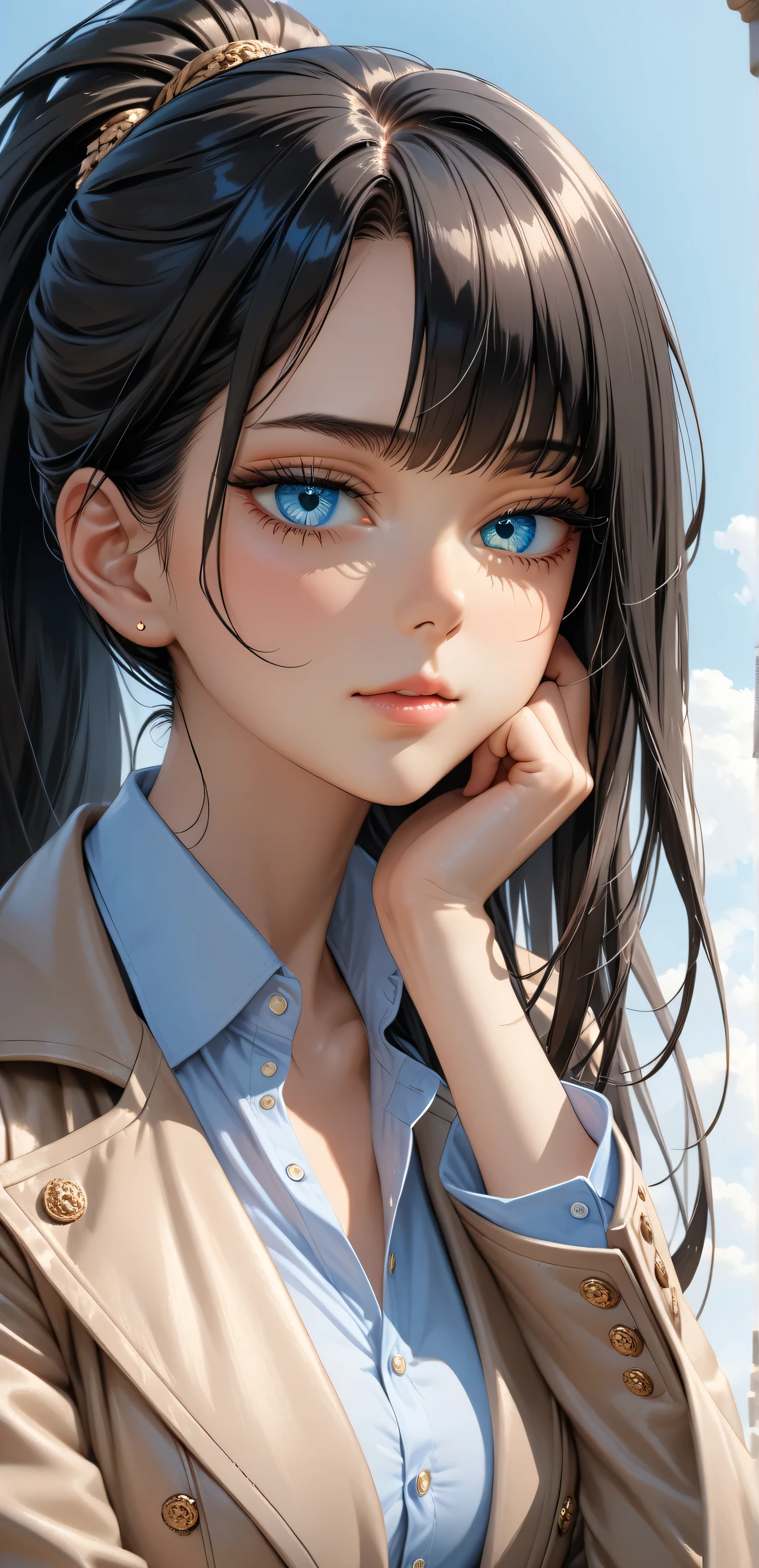 upper body, Random Sexy pose , ((Ultra detailing)), ((very aesthetic, best quality, ultra detailed)), intricate details, 1girl, ((long hair, Black hair, Ponytail hair,)), ((Blue eyes)), ((Detailed eyes)), ((Beautifull eyes)), ((prefect eyes)), ((Ultra detailing eyes)) ,Medium breast, sharp jawline, ((Classic shirts, Long coat)), hand on cheek, Nice background