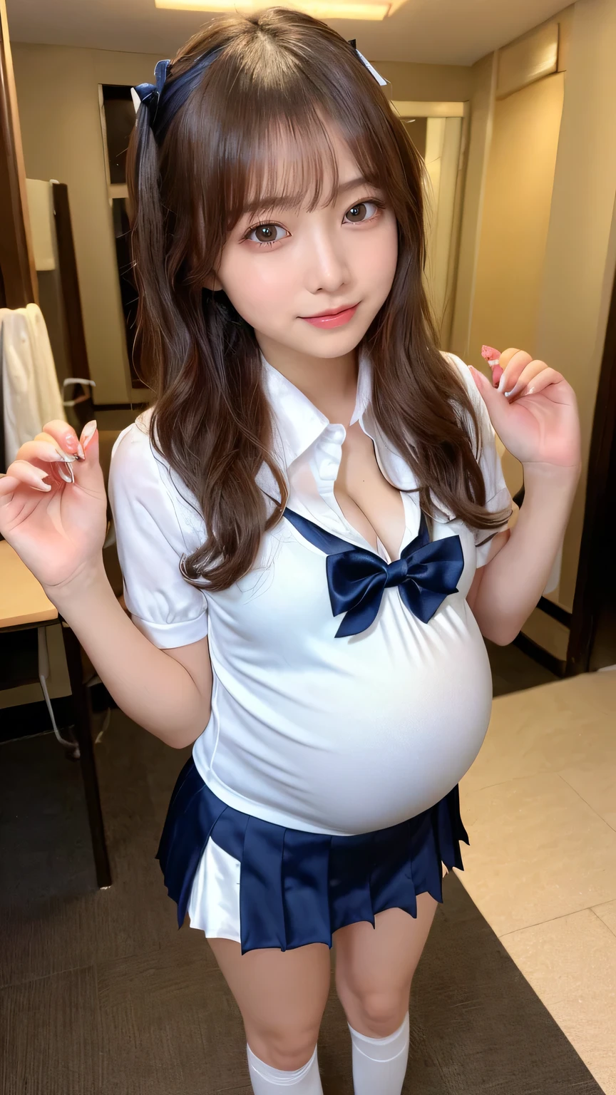 ((In the act in her bedroom:1.2)), (8k, RAW Photos, Highest quality, masterpiece:1.2), ((Beautiful girl alone)), Looking at the audience, Viewed from the front, Beautiful white skin, knees, Absurd face is small, Part your bangs down the middle, The forehead is visible, Glare, ((Cute mischievous face:1.3)), Ultra-high resolution, cute, (性欲の強いhigh school girl), (Slender body line), (Outstanding proportions), ((Cute Sailor Suit:1.2)), high school girl, (Baby Face:1.65), Japanese women, Are standing, (Photorealistic:1.37), Photon Mapping, Realistic, cute顔が小さい, Brown eyes, prospect, Written boundary depth, Blurred Background, (I can see the bangs), Silky smooth hair, (Slim Belly:1.3), (Beautiful and slim thighs:1.4), (Small beautiful butt:1.2), (Curved waist), thigh, Nogizaka idol, Idol, (Detailed hands:1.3, Accurate hands:1.3, Beautiful little hands of a girl:1.3), (Firm and beautiful breasts:1.3), Super quality, Low people, (Clear white skin, Skin with visible pores:1.2), (Focus on the face), Check and correct the garment construction, (Perfect Anatomy:1.3), (Detailed eyes and face:1.3, Professional photography techniques), (Beautifully shaped crotch)