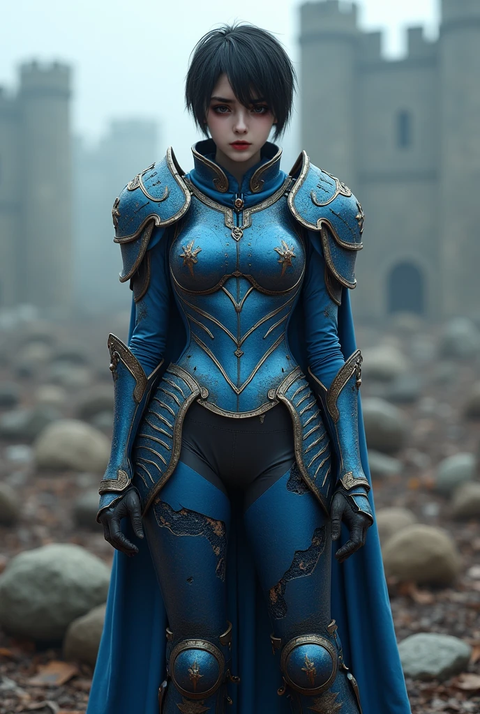8K,超A high resolution,((Top image quality)), ((masterpiece)), (high-detail:1.3), jeanne d'arc,Blue eyes,Shorthair with green hair,A MILF,large full breasts,Attention paid to the details of the decoration of the chest armor,Waist and leg armor,Round shield on the left arm,beautiful expression,enchanted,A sexy,Scenes of armor damage during the war